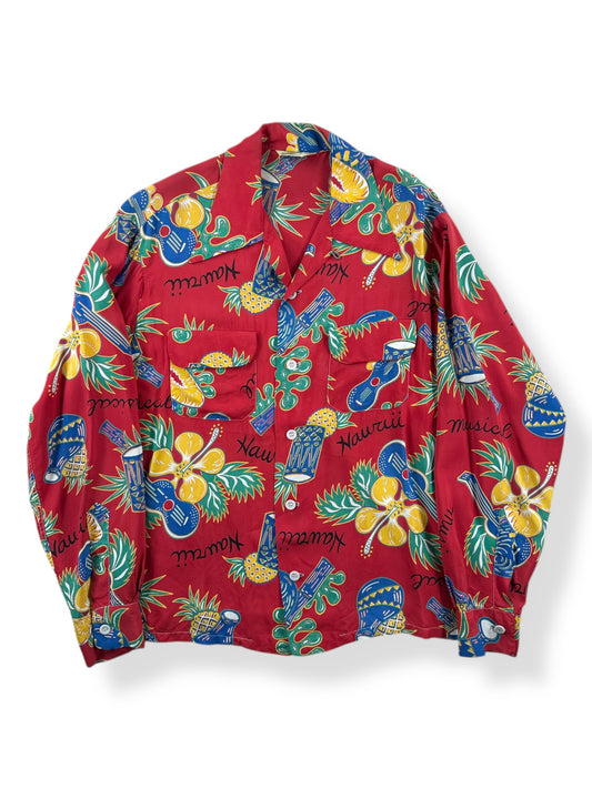 Front of Vintage Made in California Long Sleeve Rayon Aloha Shirt SZ M