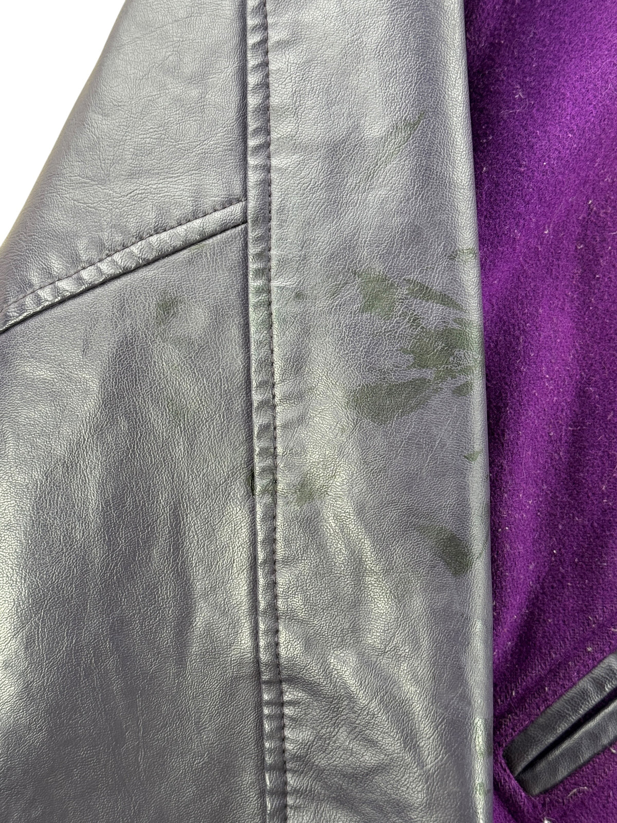 Paint stains on sleeve of Vintage Maverick UW Distressed Varsity Jacket SZ L