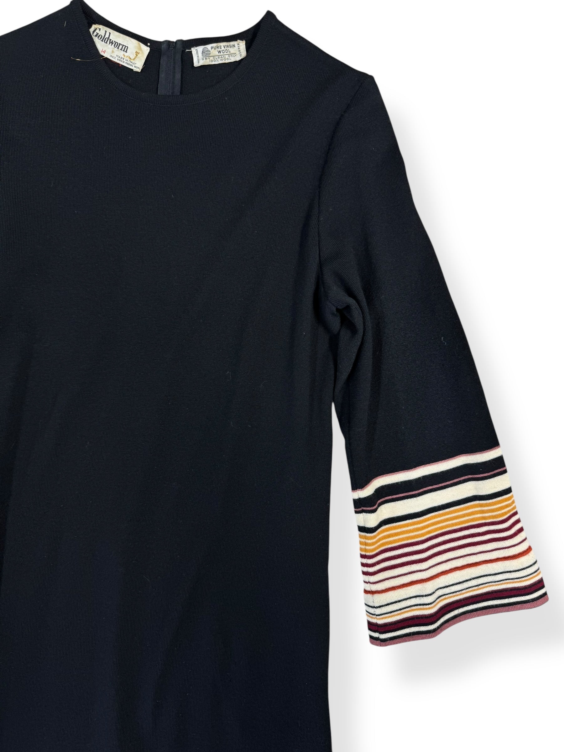 Left sleeve of 70s Goldworm Wool Stripe Dress M-L