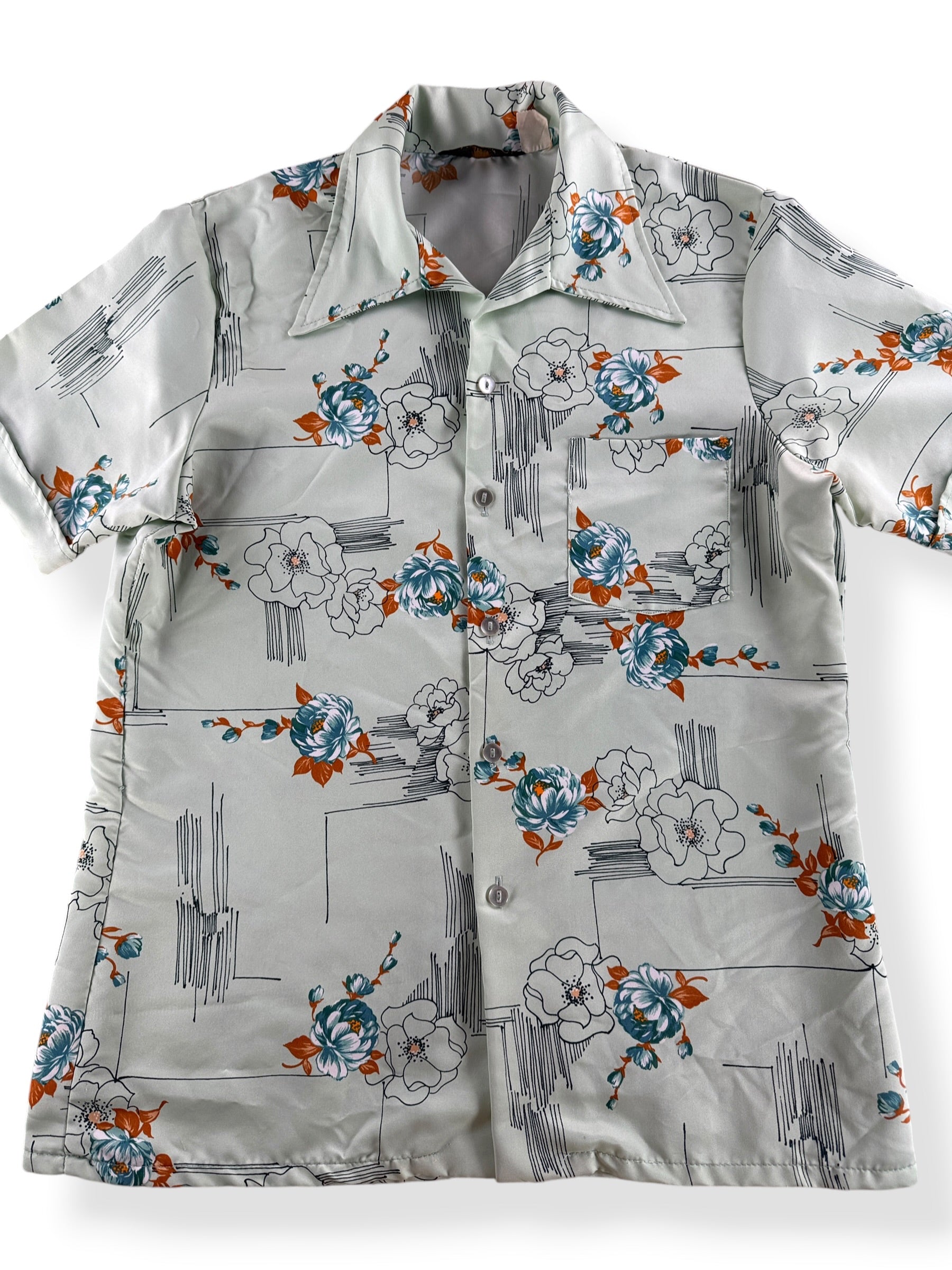 Close-up of Vintage Mr. Jan Floral Patterned Polyester Shirt SZ L