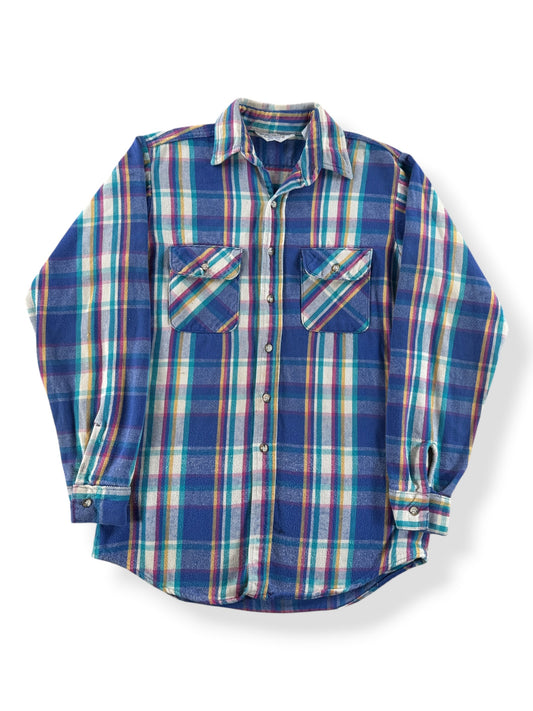 Front of Vintage 5 Brother Blue White Pink Plaid Flannel SZ M