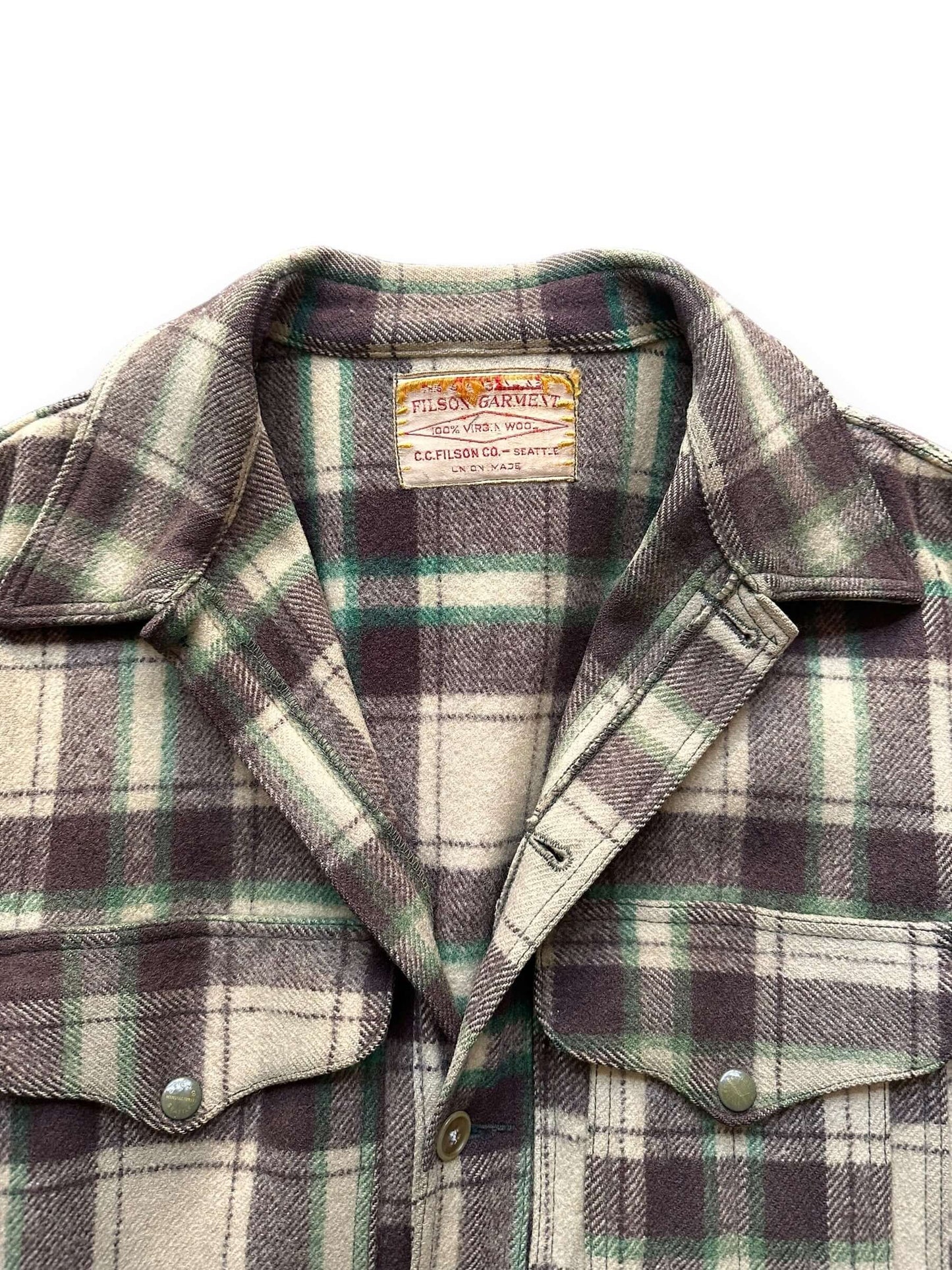 collar on Vintage 1951 Filson Peppermint Patty Mackinaw Cruiser Coat SZ 46