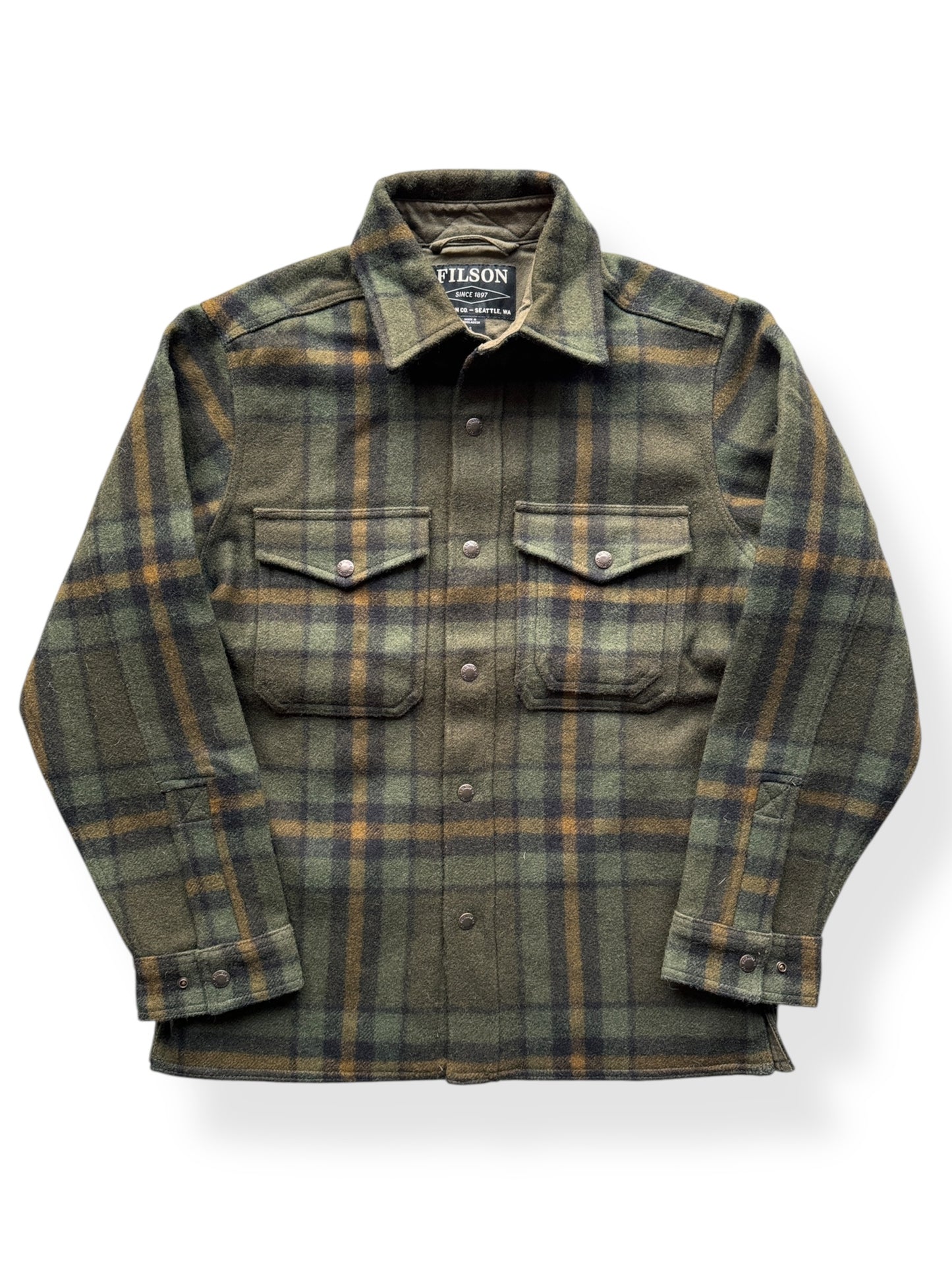 Front of Filson Green Black Lined Jac Shirt SZ S