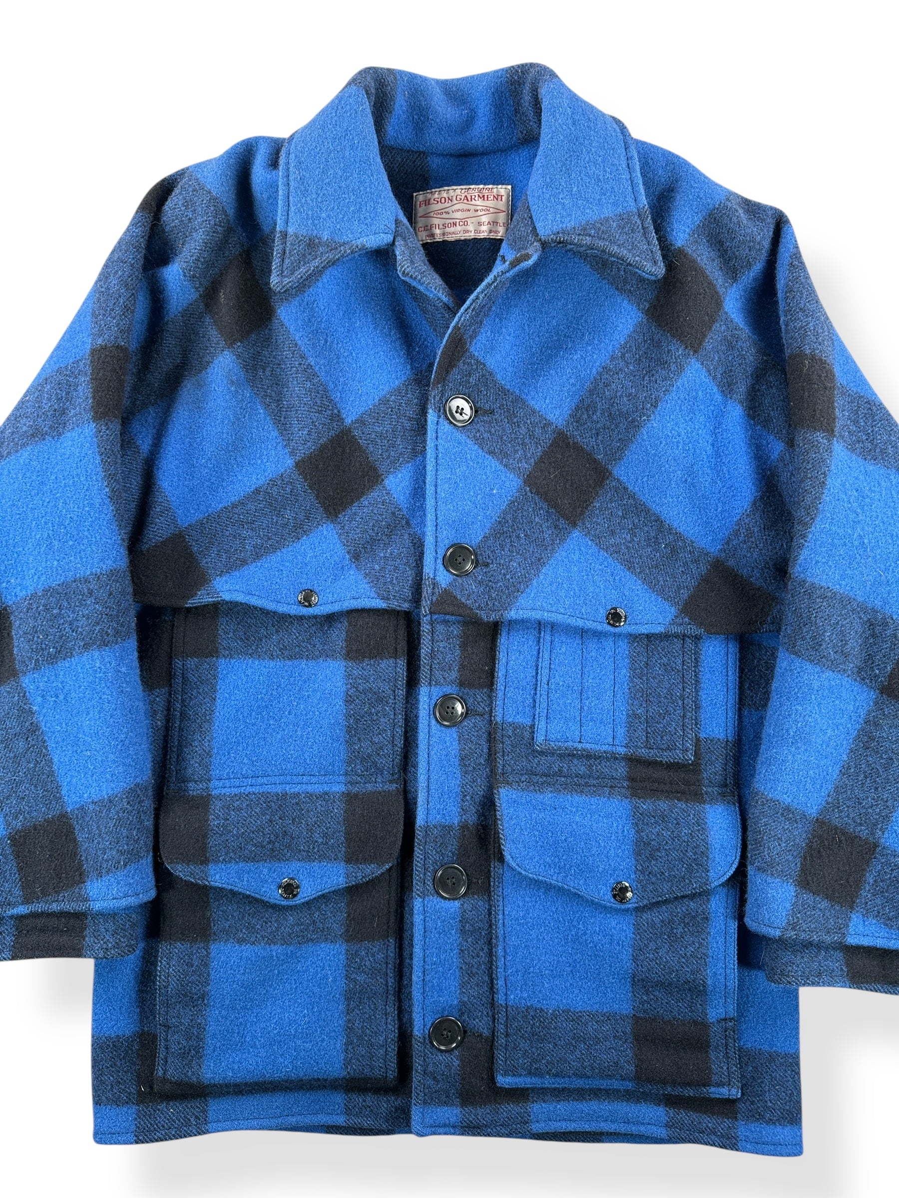 Front Close Up of Vintage Filson Cobalt Blue & Black Double Mackinaw Jacket SZ 38