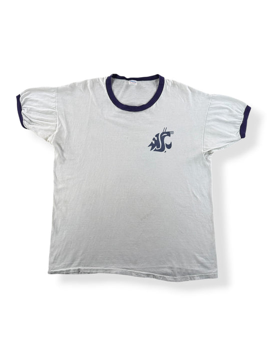 Front of Vintage Champion Blue Bar Waterprint WSU Ringer SZ XL (Fits L)
