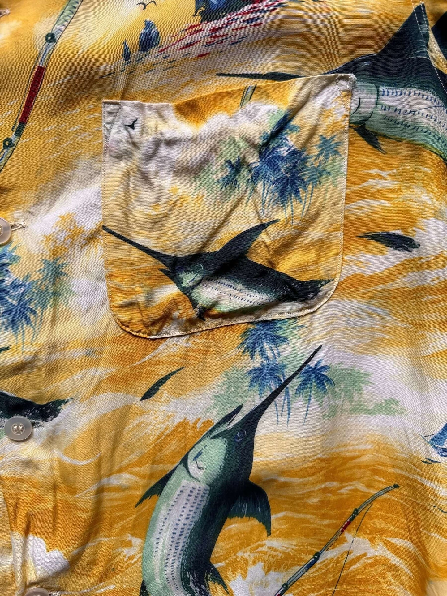 Pocket Shot of Vintage Sportswear Fishing Motif Aloha Shirt SZ M