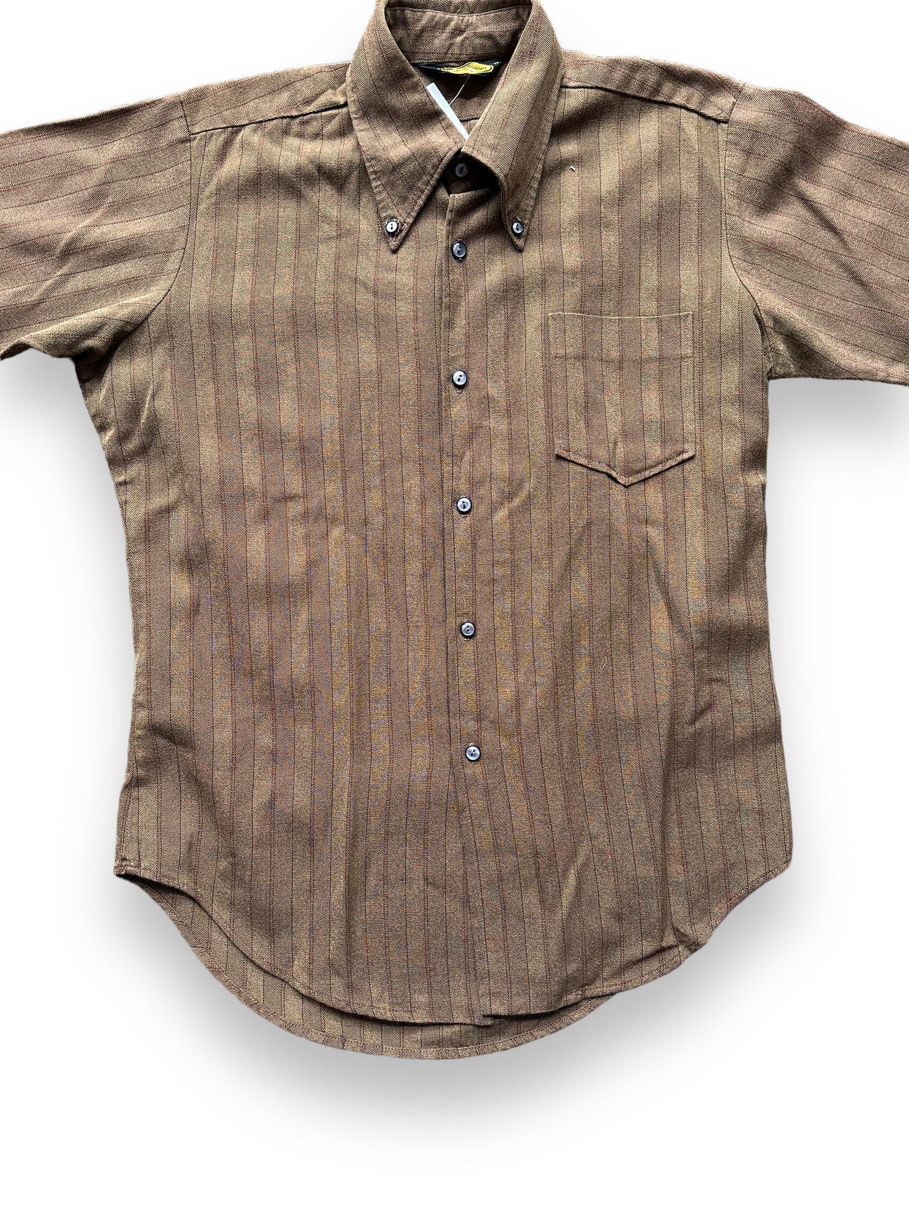 Front Detail on Vintage Davinci Brown Stripes Short Sleeve Button Up Shirt SZ M | Vintage Button Up Shirt Seattle | Barn Owl Vintage Seattle