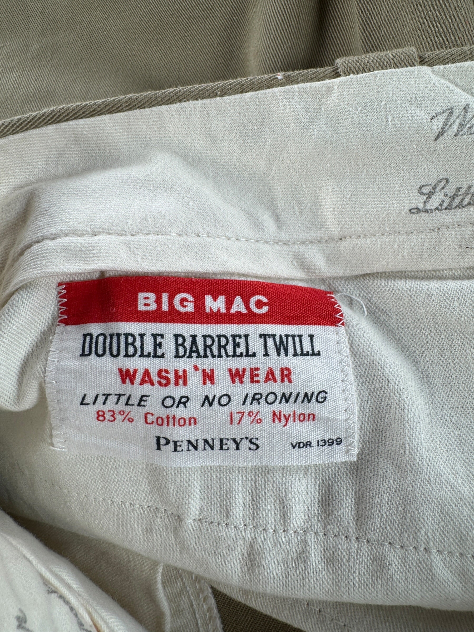 Tag on Vintage 50s Big Mac Double Barrel Twill Cotton Work Pants W30