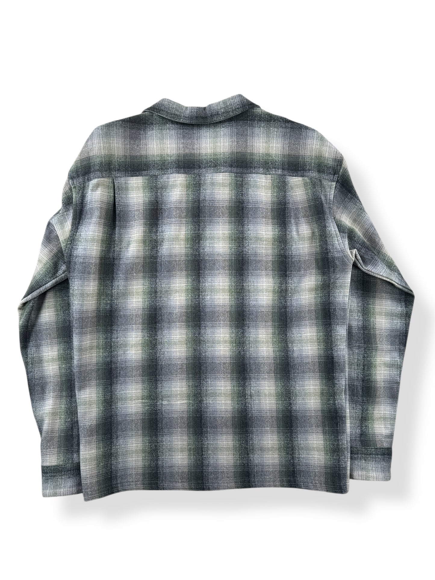 Back of Vintage Made in Mexico Pendleton Green & Grey Plaid Board Shirt SZ L