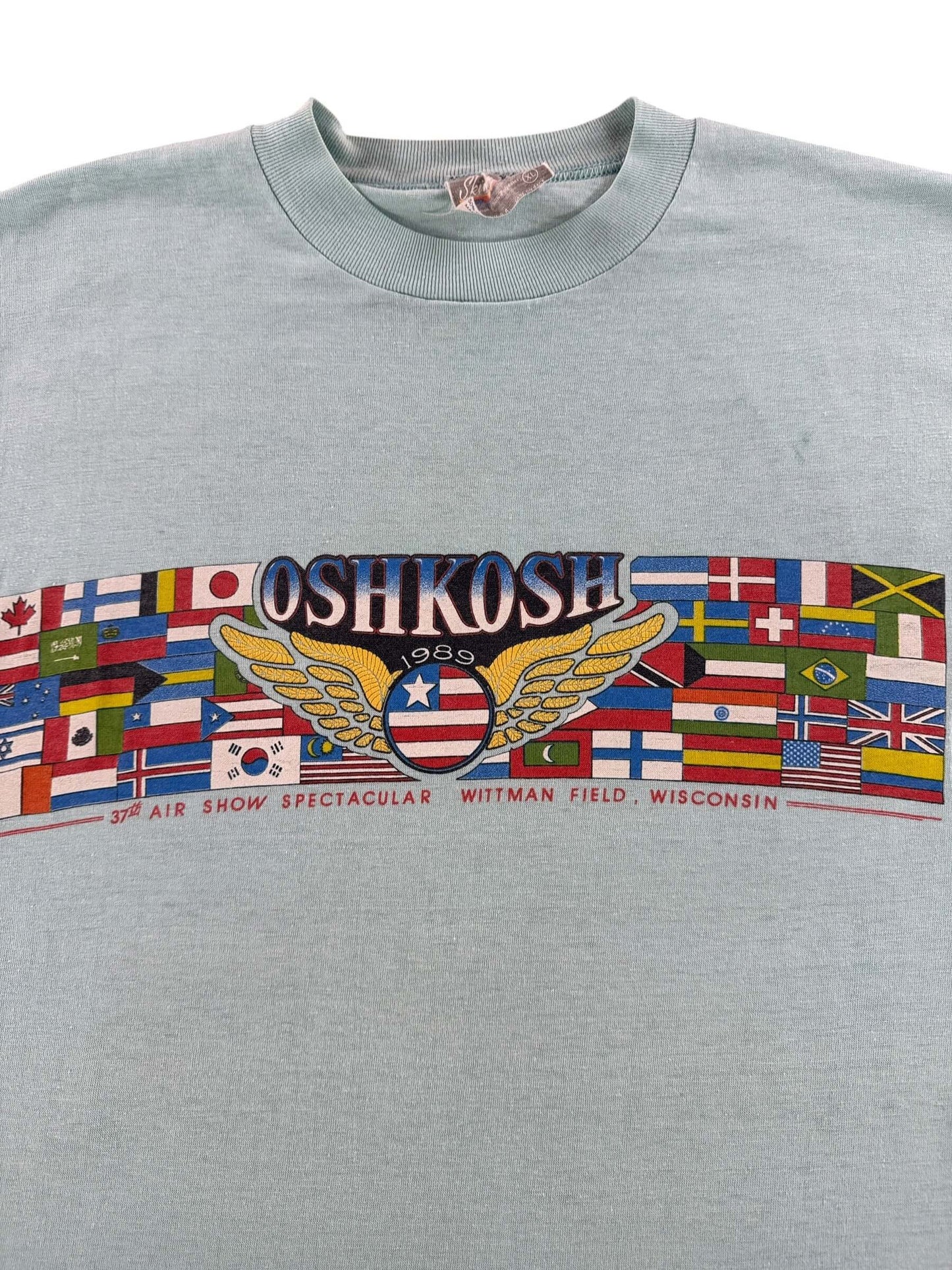 Graphic of Vintage Oshkosh 1989 Air Show Tee SZ XL (Fits M/L)