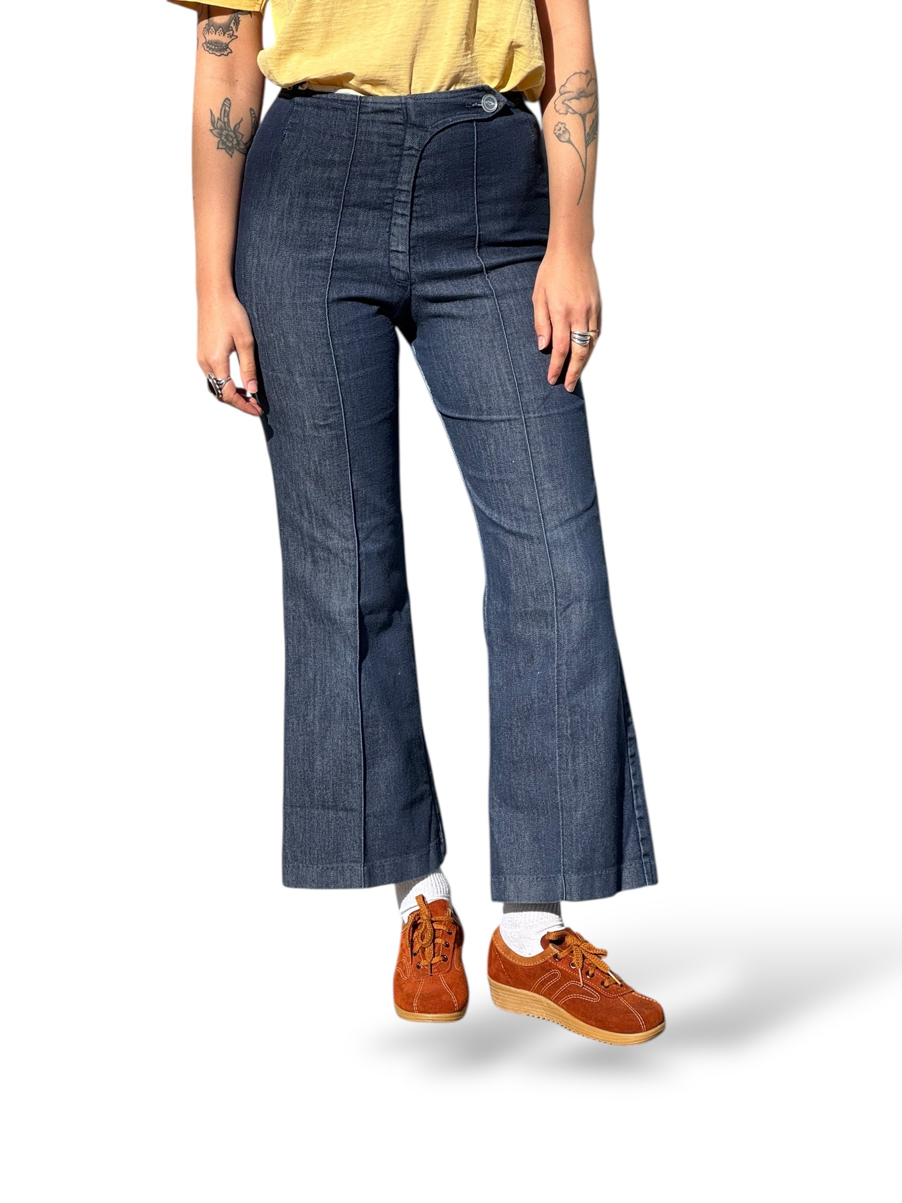 On Body Front of Vintage 50s Glenbrook Flared Jeans W26
