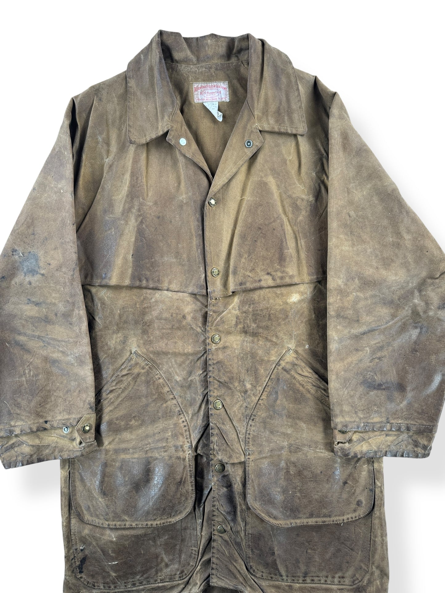 Front Close Up of Vintage Filson Style 68 Tin Cloth Jacket SZ L