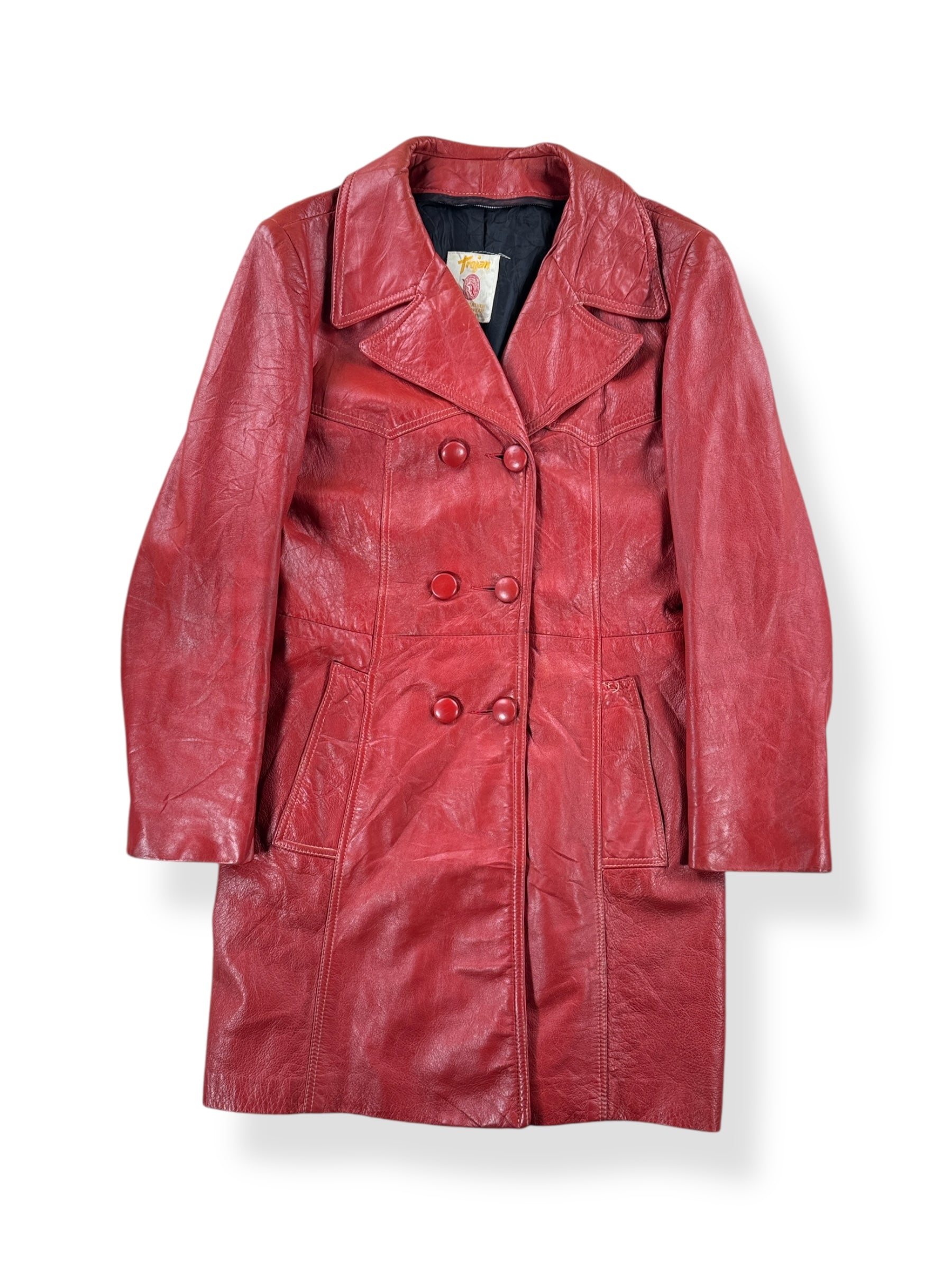 Front of Vintage Womens 60s Trojan Red Leather Coat SZ M AS IS