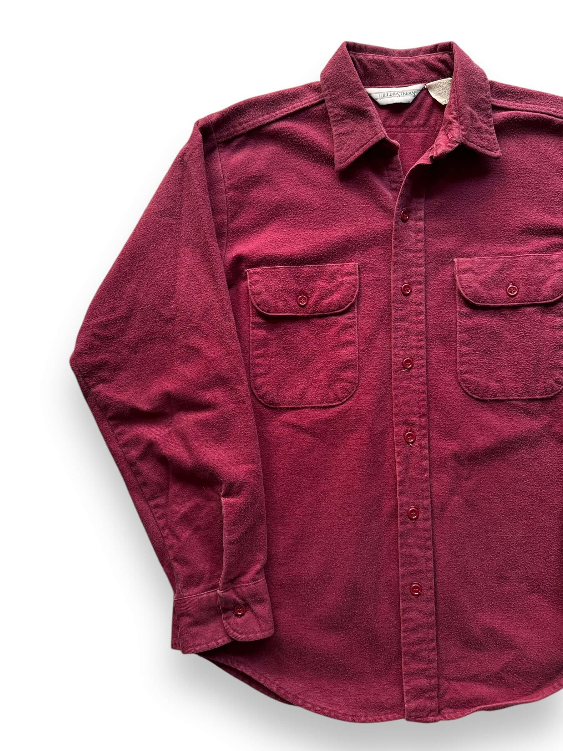 front right of Vintage Field and Stream Burgundy Chamois Shirt SZ M