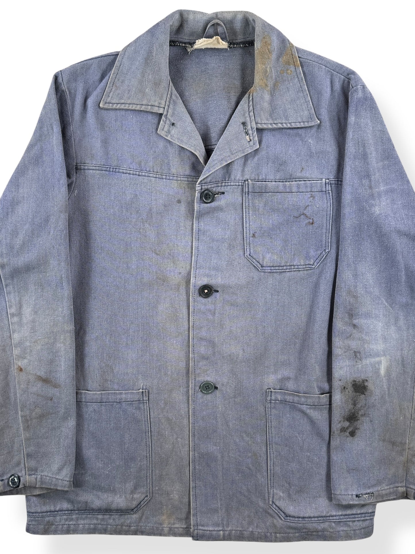 Front Close Up of Vintage Greyish Blue French Chore Coat SZ M