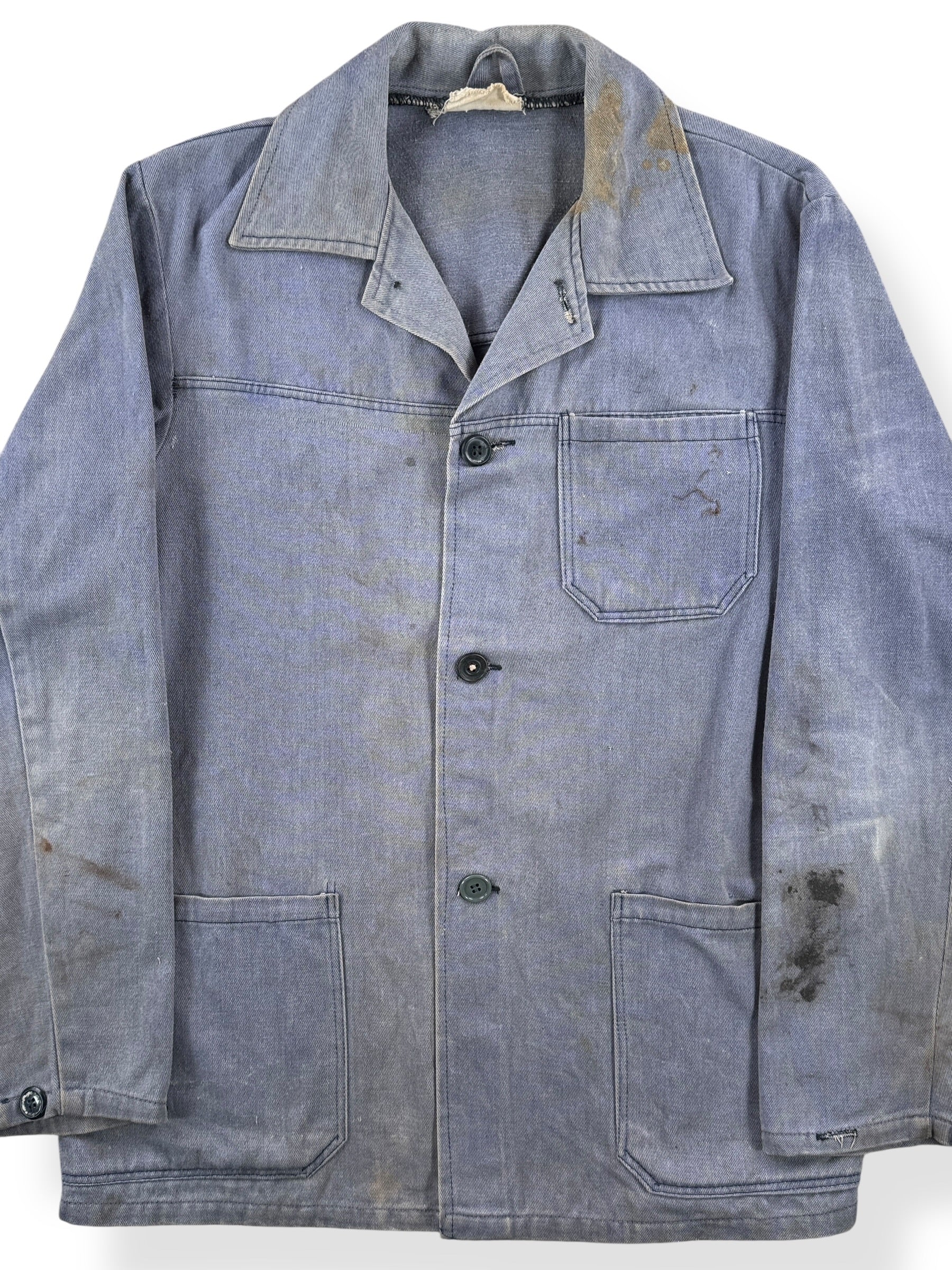Front Close Up of Vintage Greyish Blue French Chore Coat SZ M