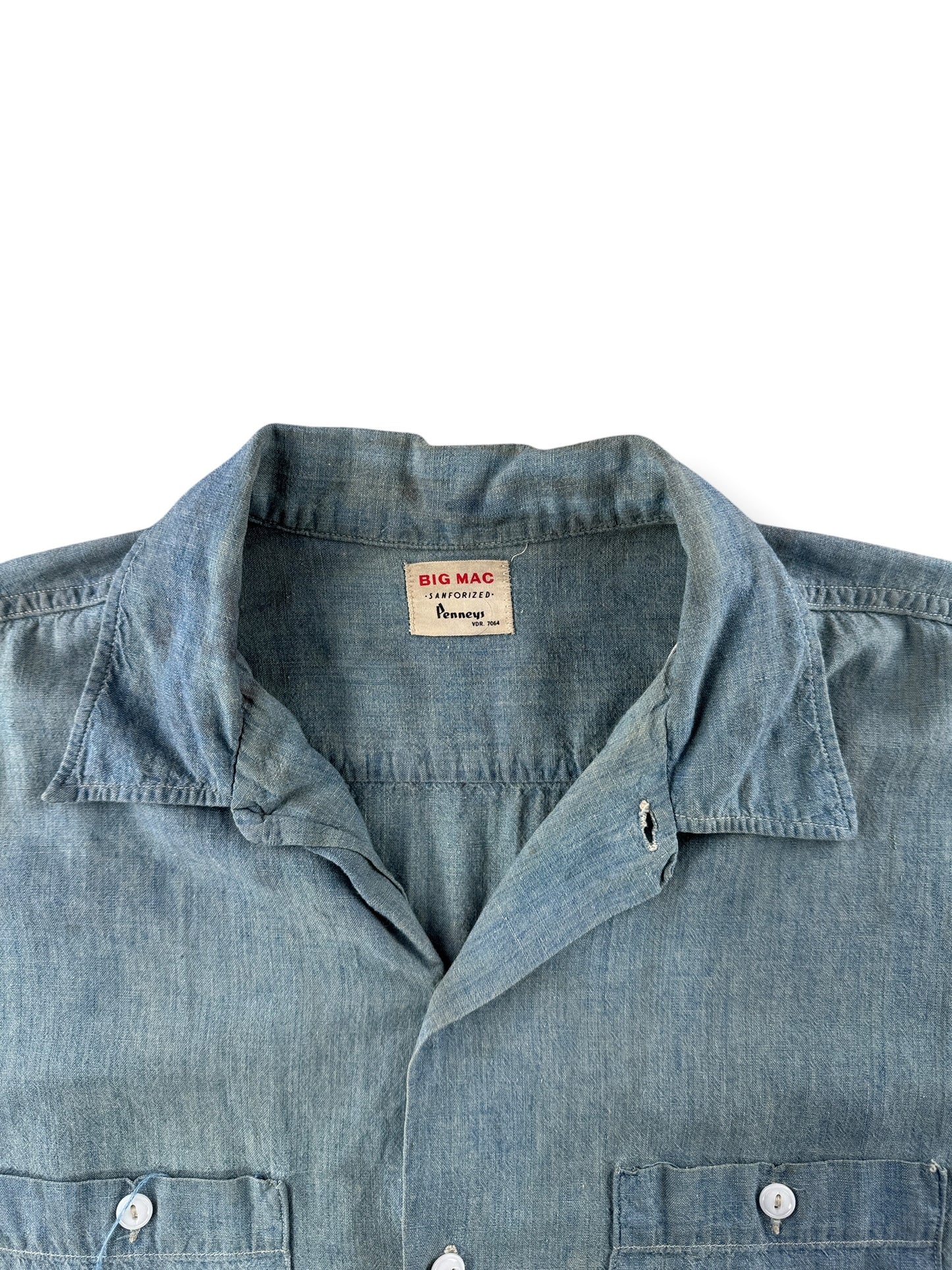 Collar on Vintage 1960s Big Mac Penney's Sanforized Chambray Shirt SZ XL
