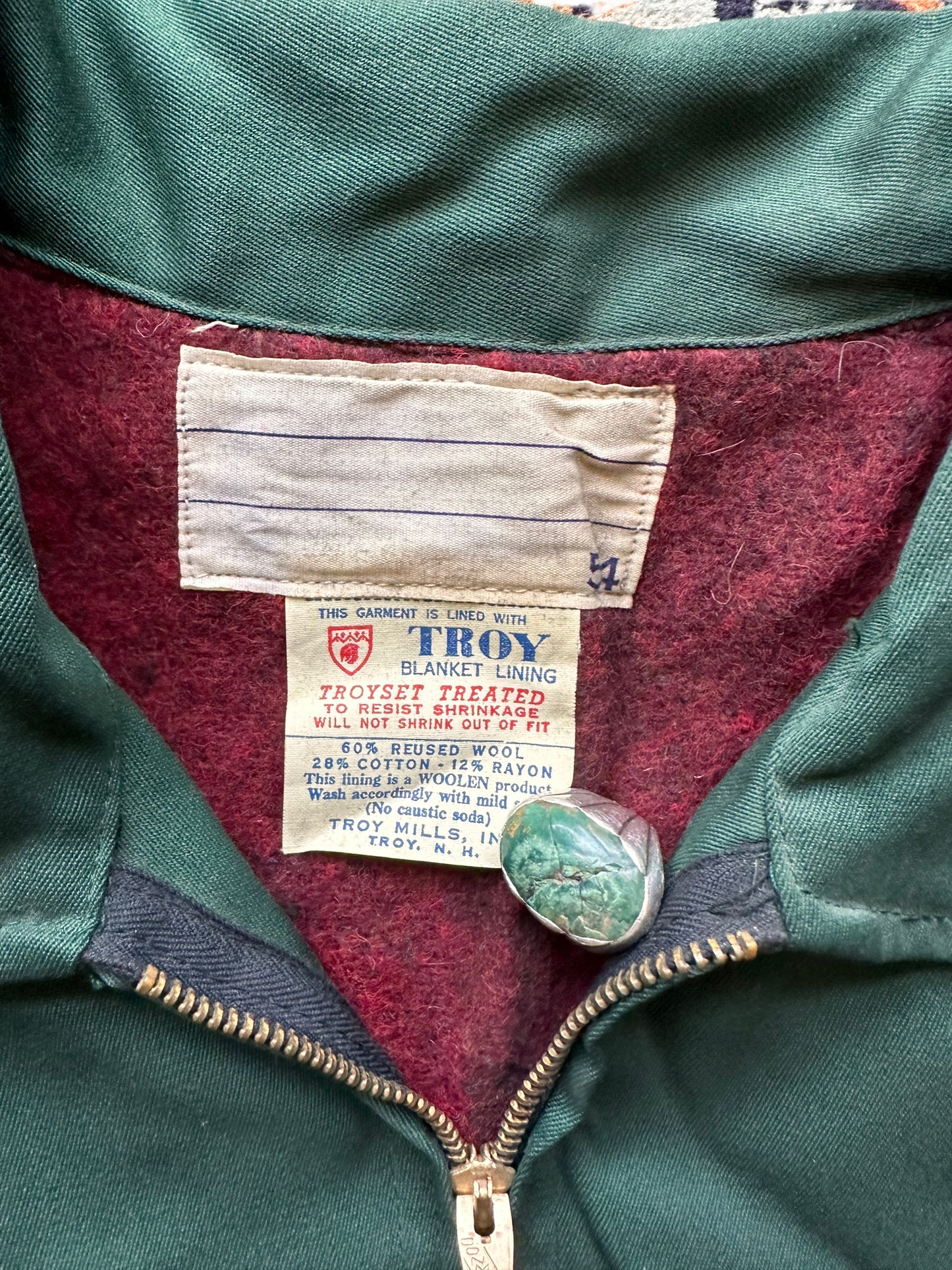 Tag View of Vintage Green Troyset Blanket Lined Gas Station Jacket SZ 54 | Vintage Workwear Jacket Seattle | Seattle Vintage Clothing