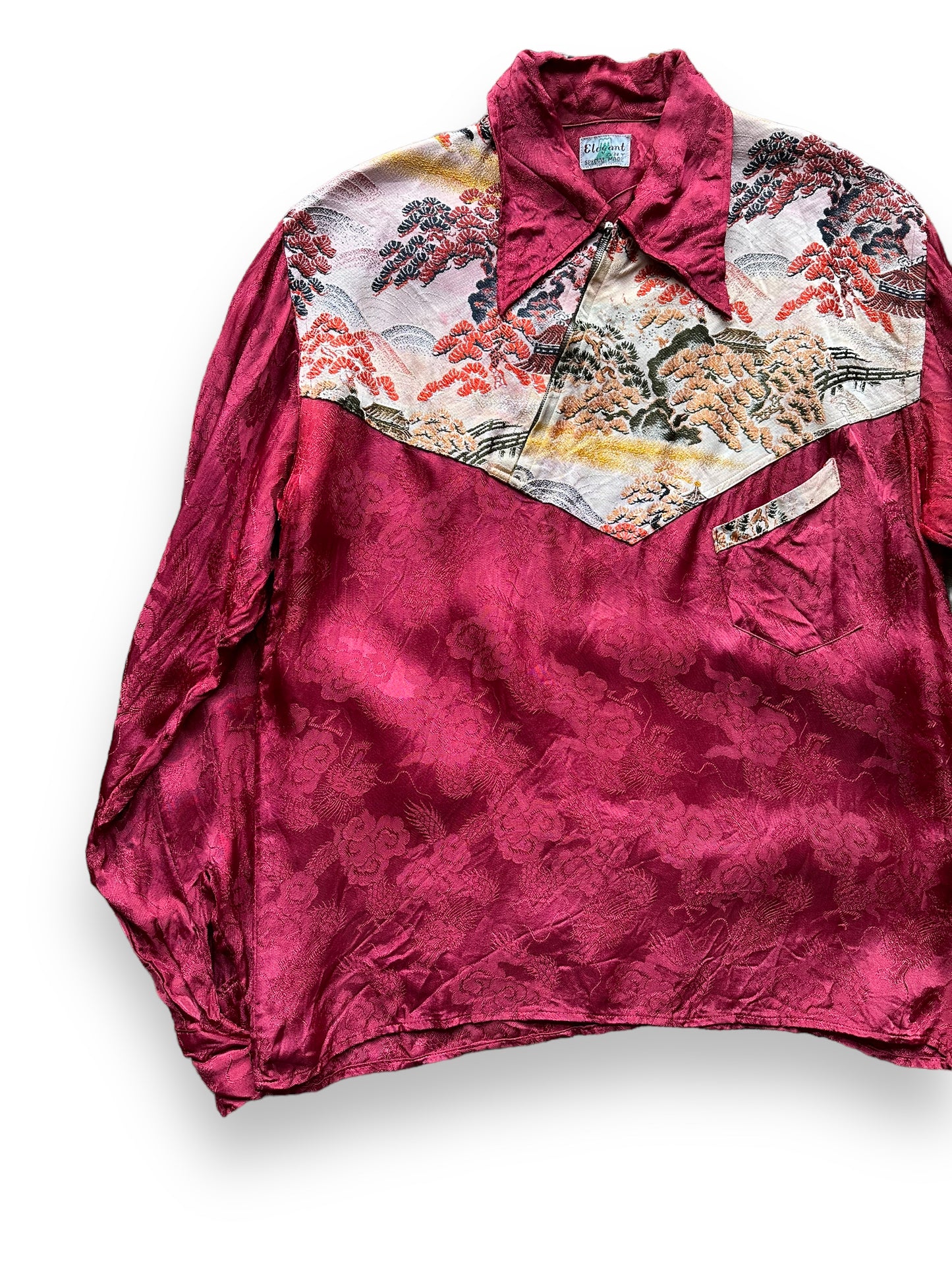 Front Right View of Vintage Two-Tone Elegant Art Japanese Souvenir Shirt SZ L | Vintage Souvenir Jacket Seattle | Barn Owl Vintage Seattle
