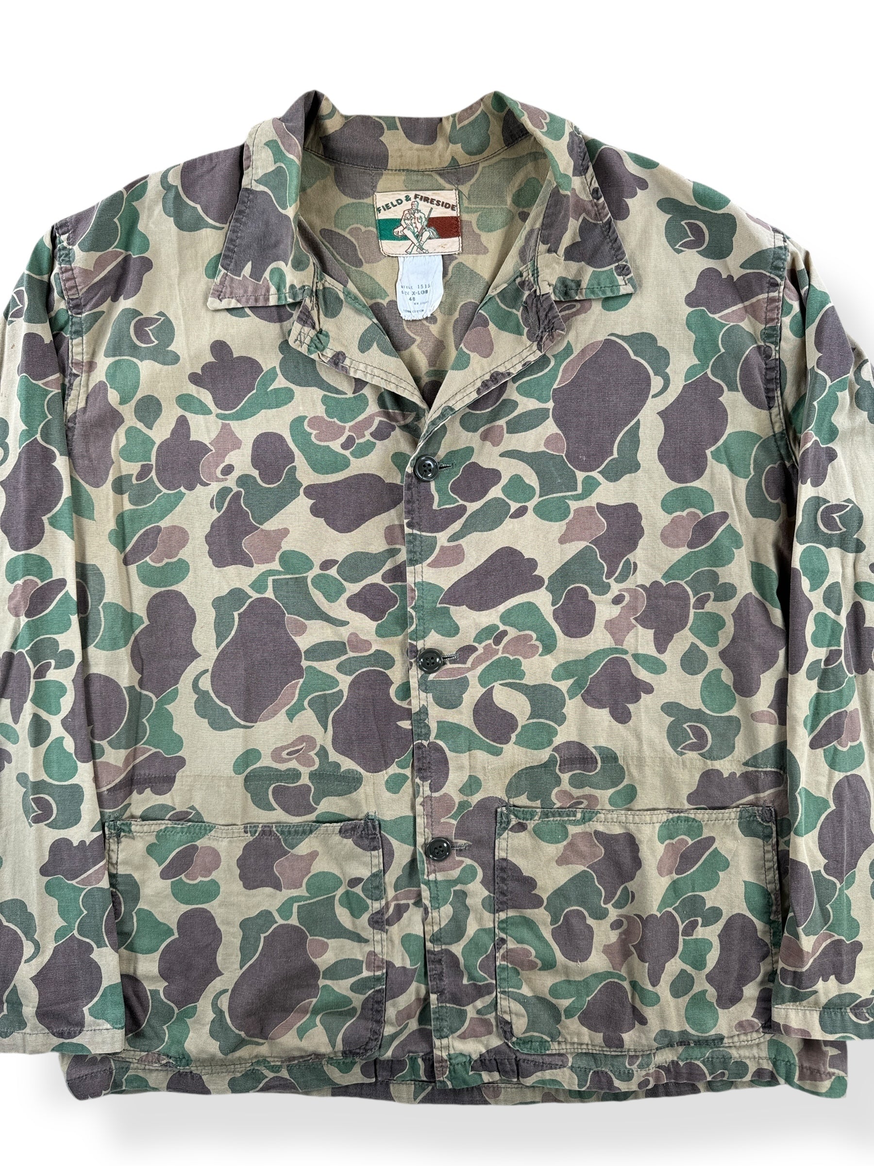 Front Close Up of Vintage Duck Camo Chore Shirt SZ XL