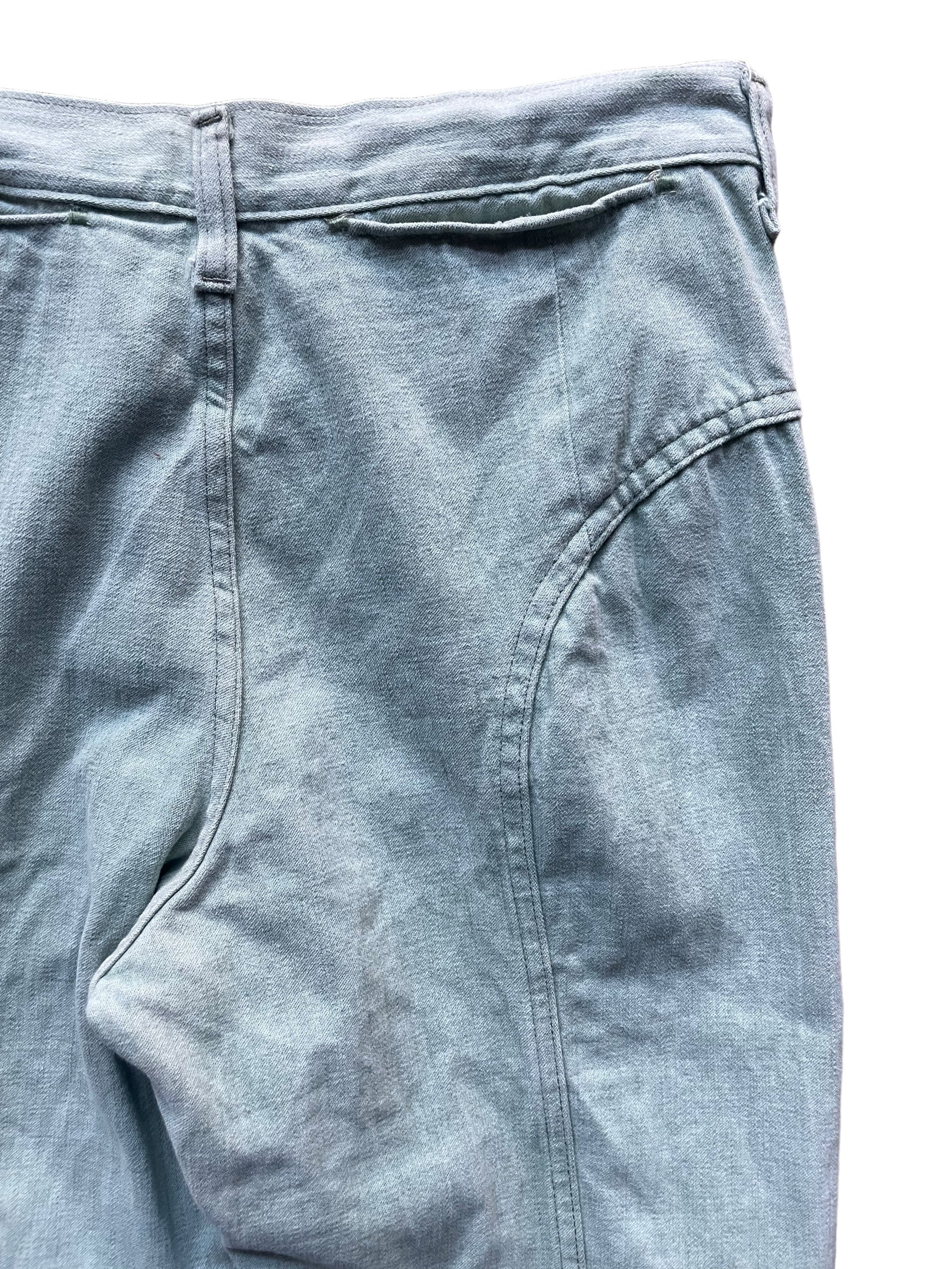 Back right pocket view of Vintage 1970s Lee Mint Green Moleskin Pants W33 | Barn Owl Vintage Seattle | Vintage Denim