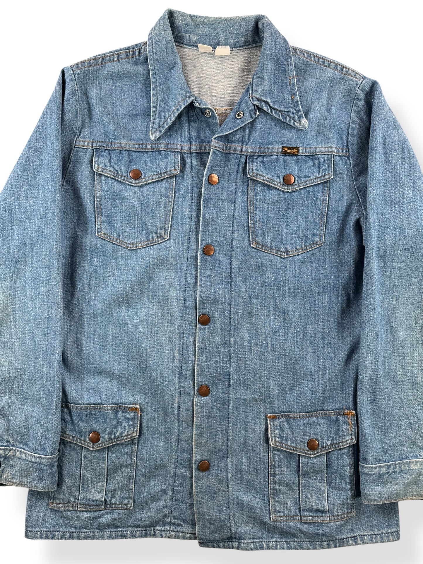 Front Close Up of Vintage Wrangler Denim Shacket SZ L AS IS (Fits M)