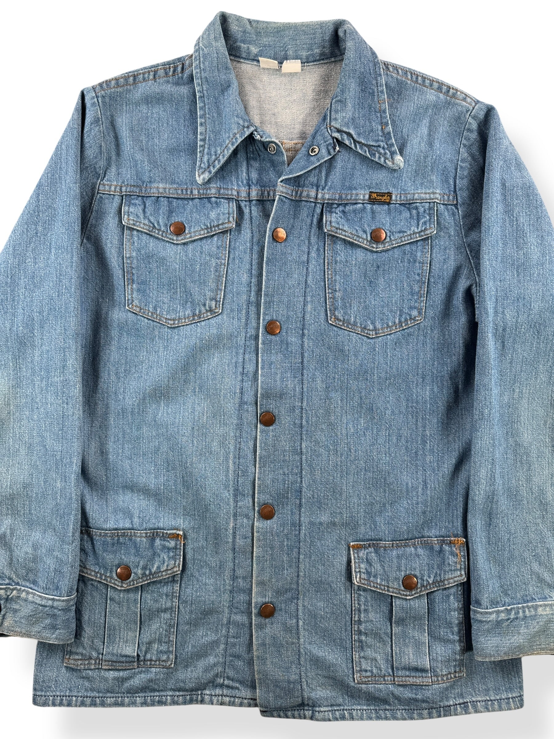 Front Close Up of Vintage Wrangler Denim Shacket SZ L AS IS (Fits M)