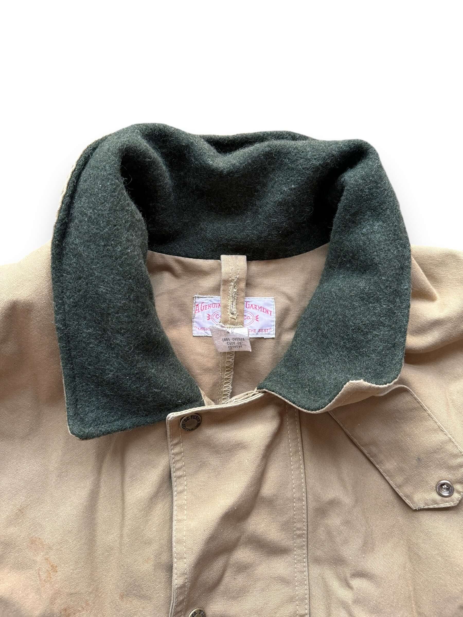 Tag View of Filson Dry Tin Cloth Chinstrap Packer Coat SZ 46