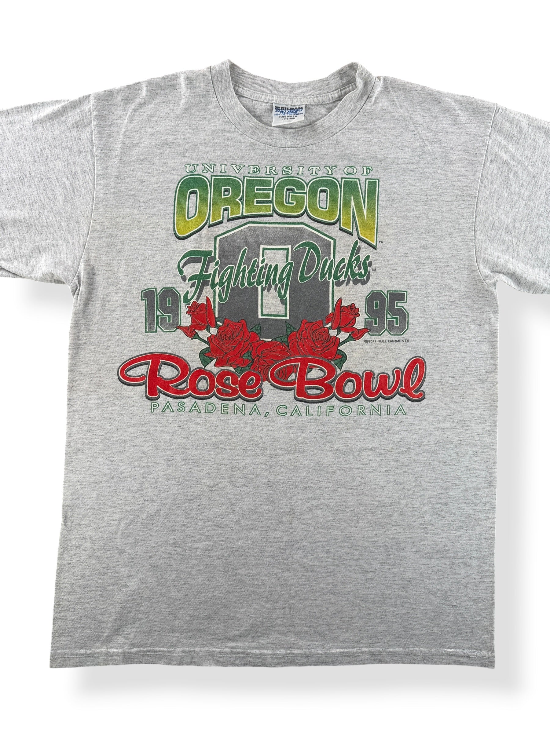 Front Close Up of Vintage 1995 U of O Rose Bowl Tee SZ L