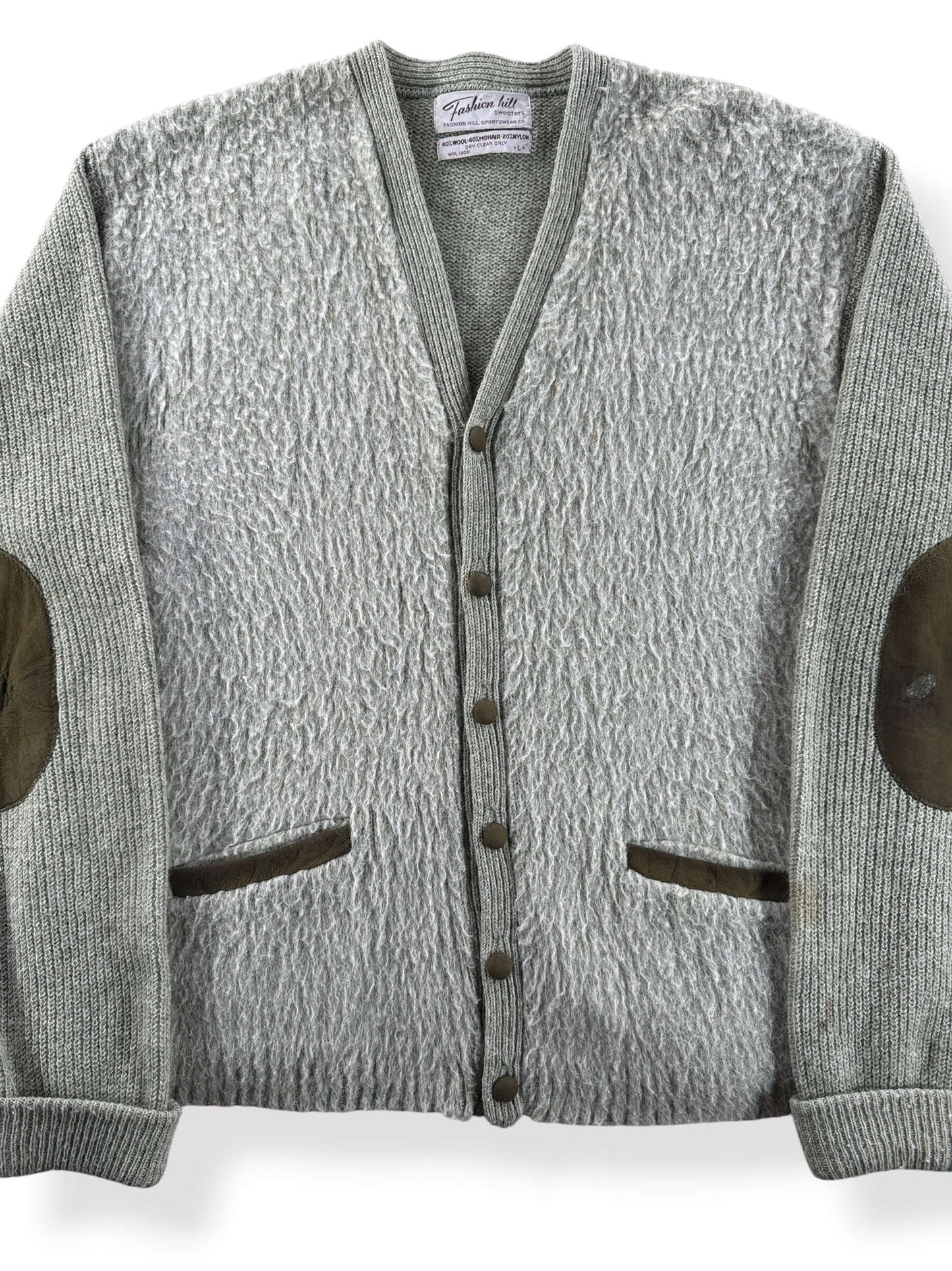 Front Close Up of Vintage Cobain Style Green Mohair Cardigan SZ L