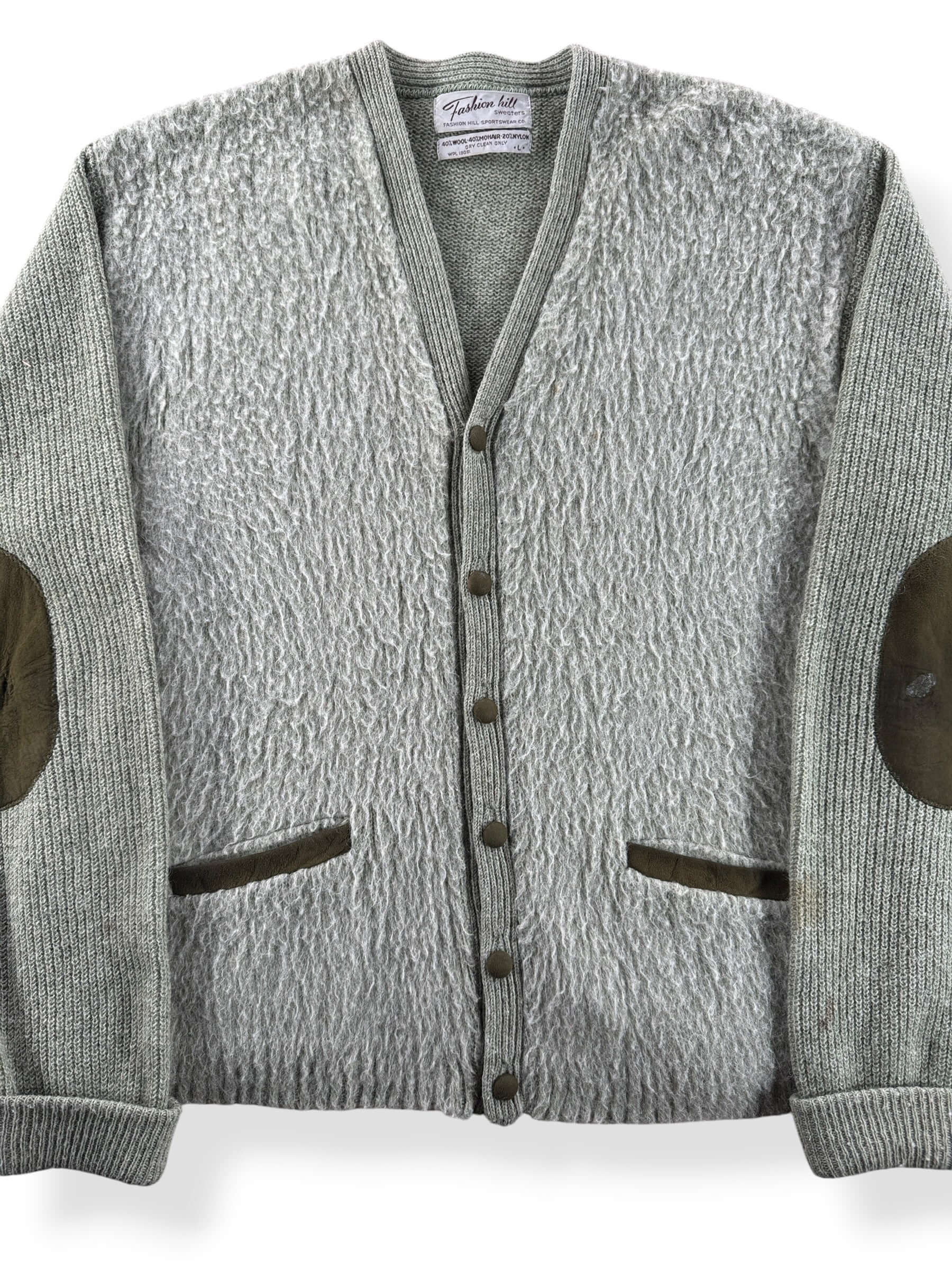 Front Close Up of Vintage Cobain Style Green Mohair Cardigan SZ L