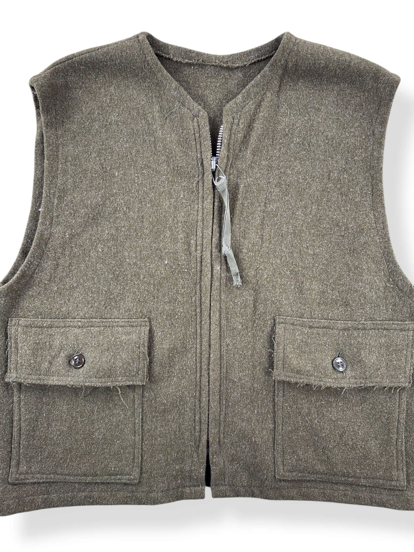 Front Close Up of Vintage Handmade Mackinaw Wool Zip Up Vest SZ L