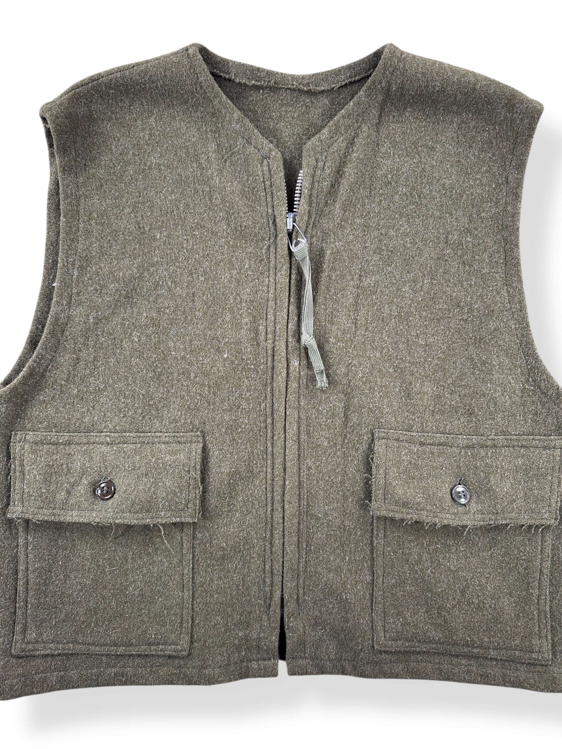 Front Close Up of Vintage Handmade Mackinaw Wool Zip Up Vest SZ L