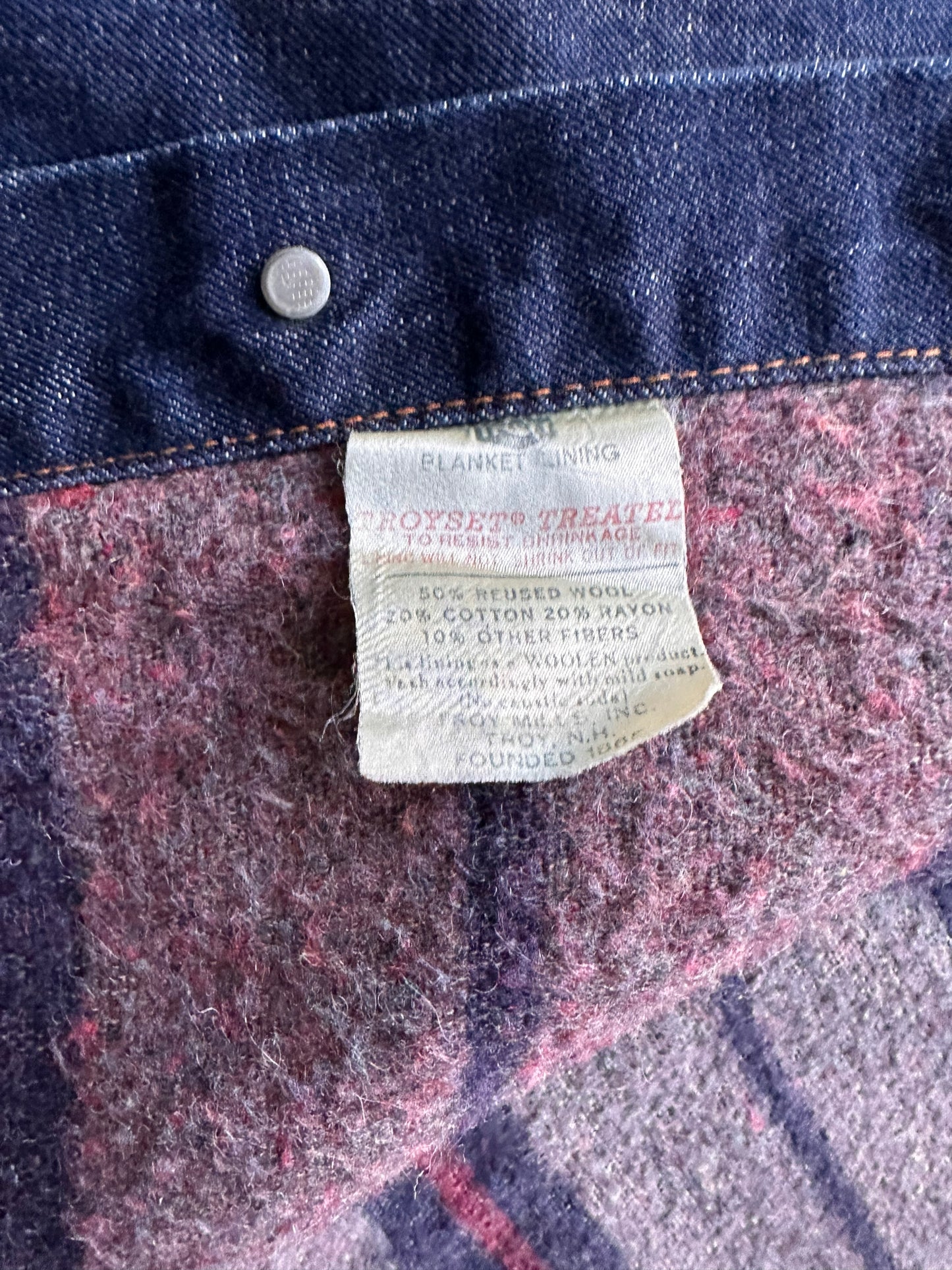 Troyset Blanket Lining Tag Close Up on Vintage Levi's Big E Blanket Lined Type III Trucker SZ S | Vintage Denim Workwear Seattle | Seattle Vintage Denim