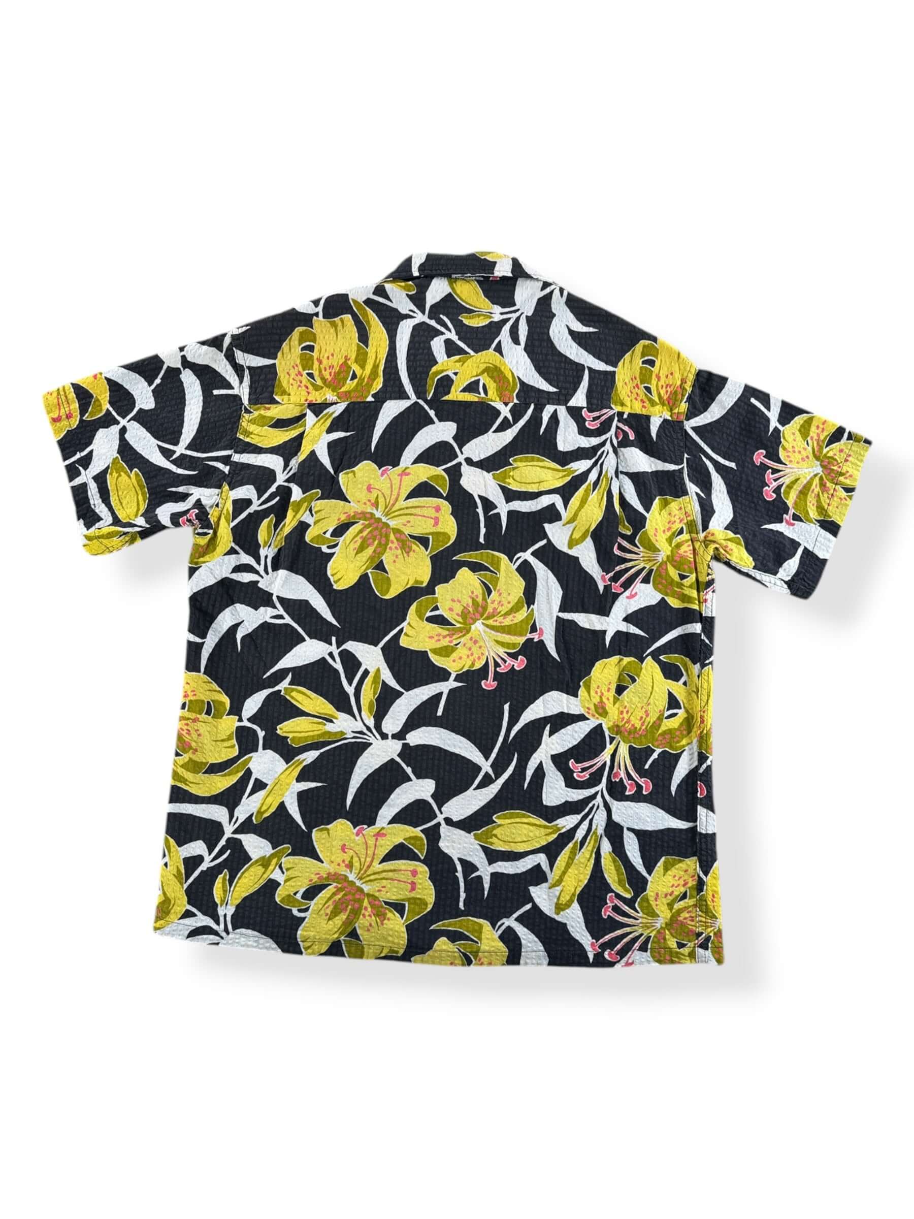 Back of Vintage Pan American Sportswear Black Floral Crepe Aloha Shirt SZ M
