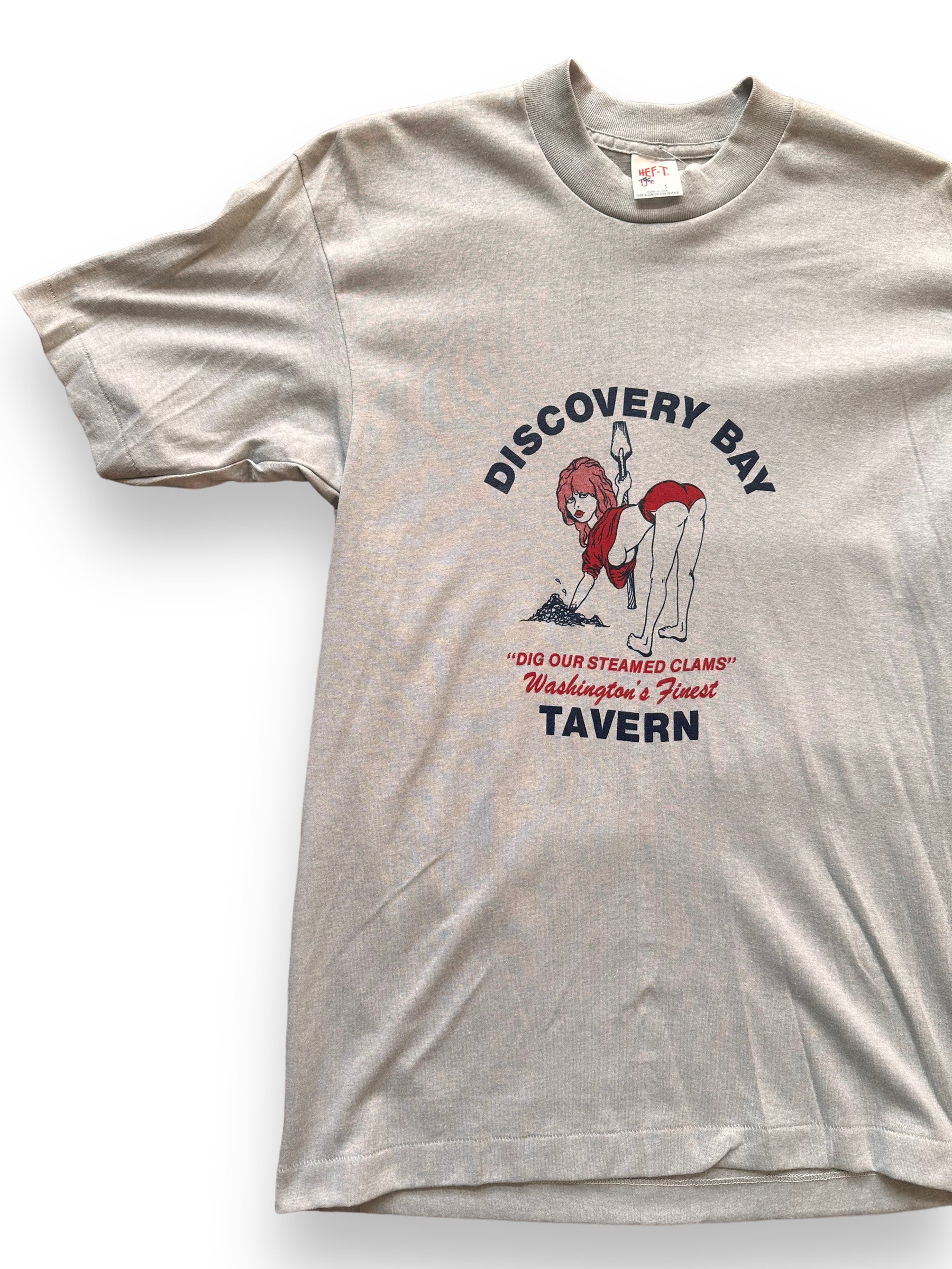 Front Right View of Vintage Discovery Bay Tavern Tee SZ S |  Vintage Port Townsend Steamed Clam Tee | Vintage Clothing Seattle