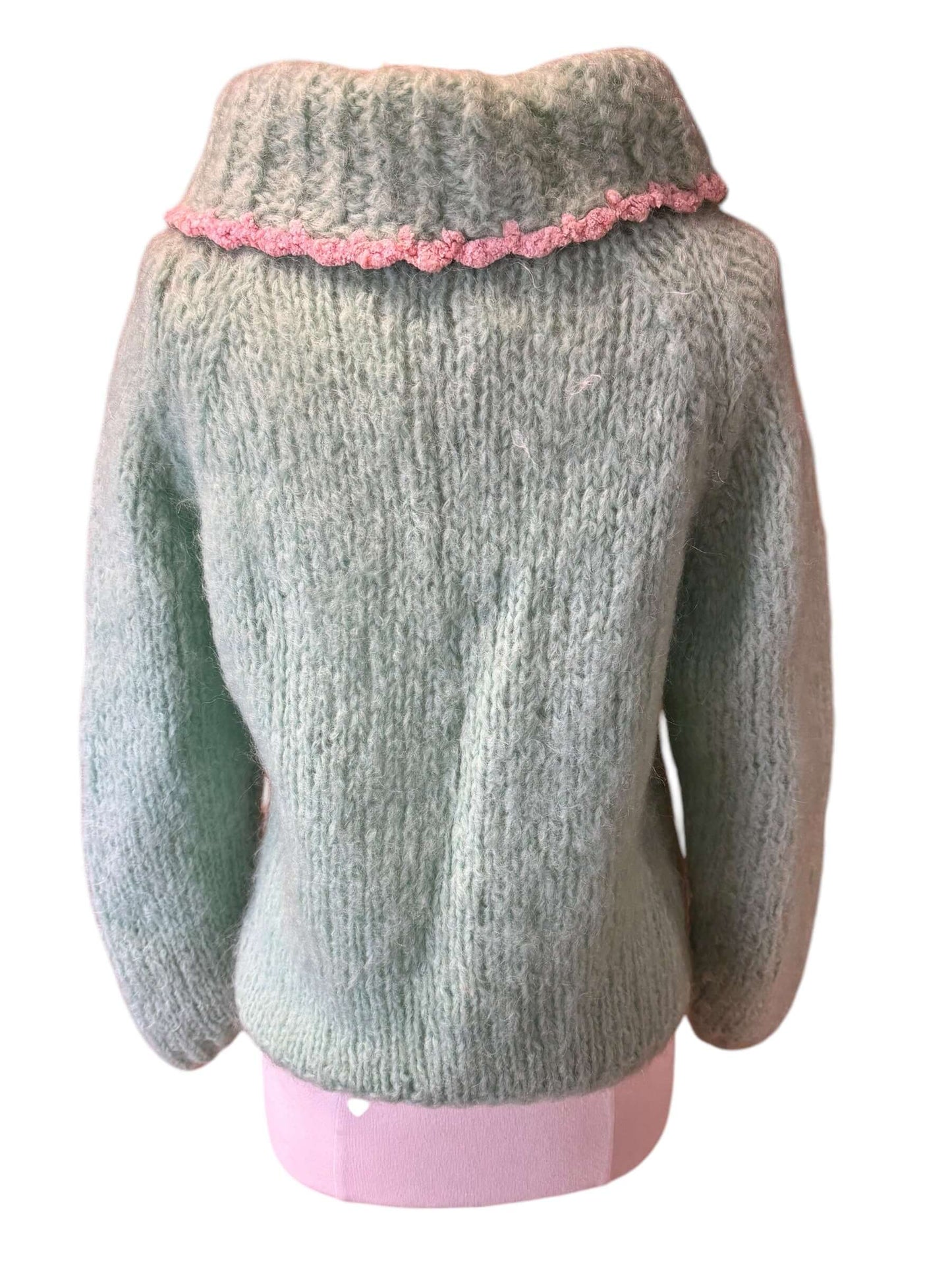 Back view of 1950s Nanette Mint Mohair Cowl Neck Sweater L