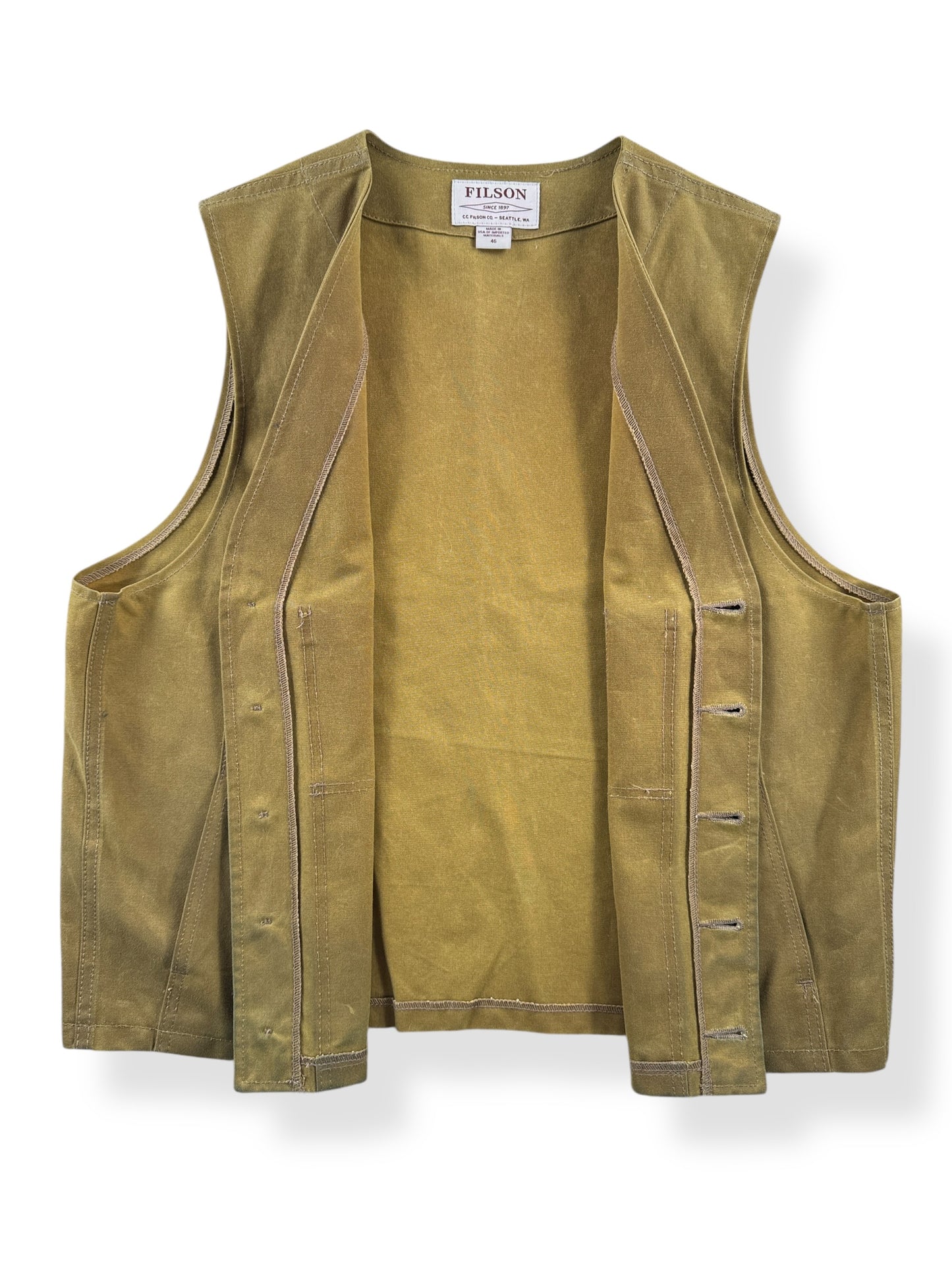 Inside of Filson Dark Tan Tin Cloth Vest SZ 46