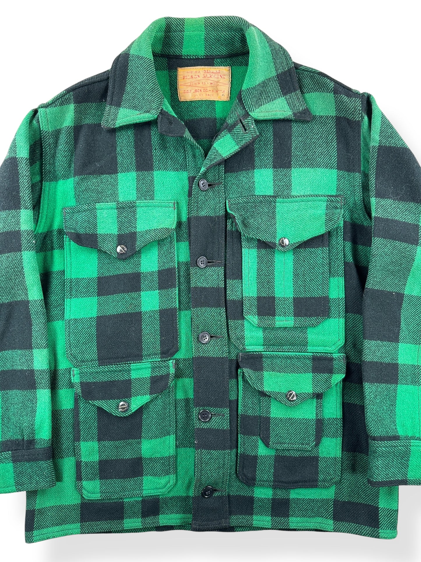 Front Close Up of Vintage 60s Filson Green and Black Mackinaw Cruiser SZ L