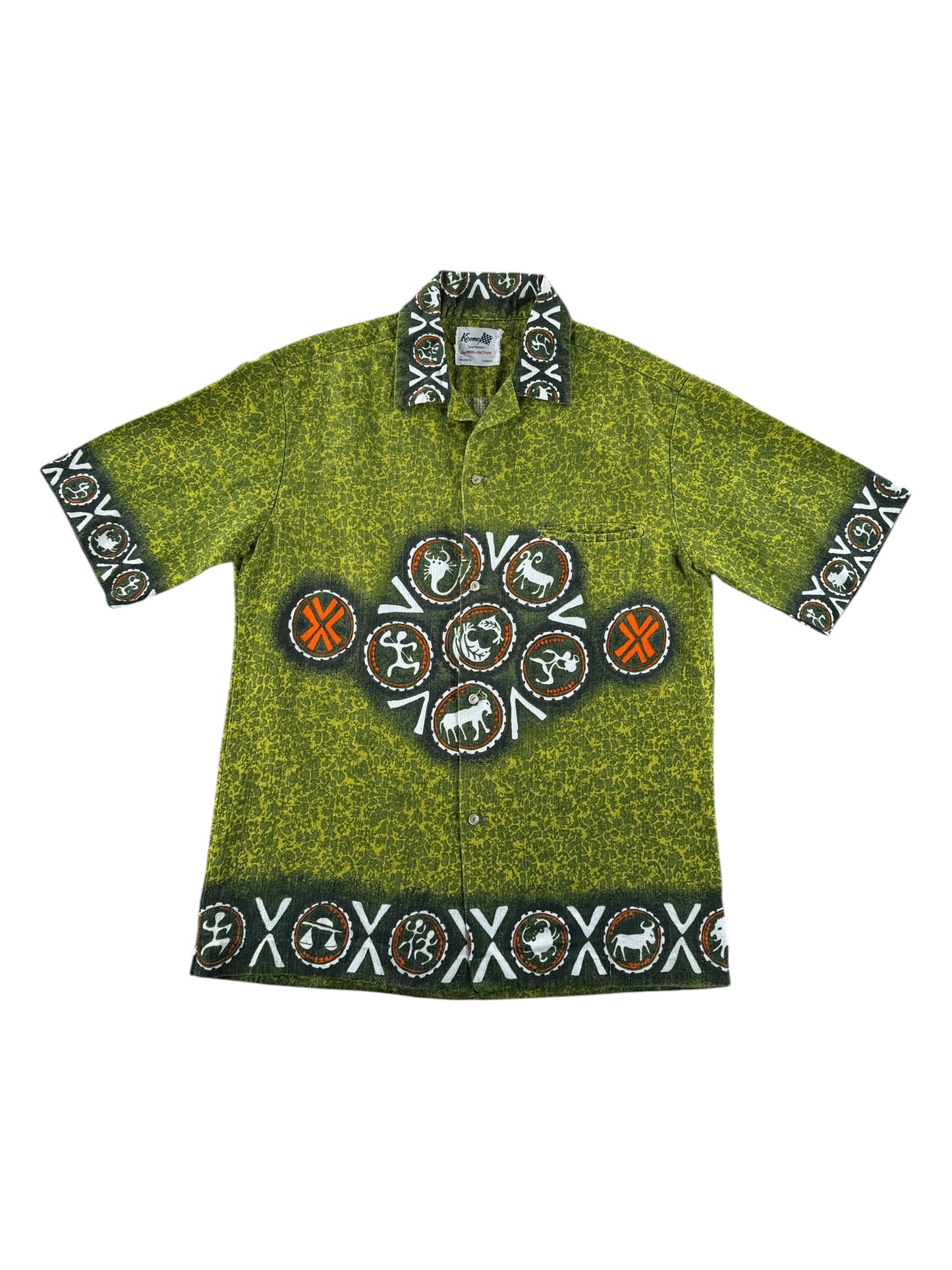 Front of Vintage Keone Sportswear Astrological Barkcloth Aloha Shirt SZ M