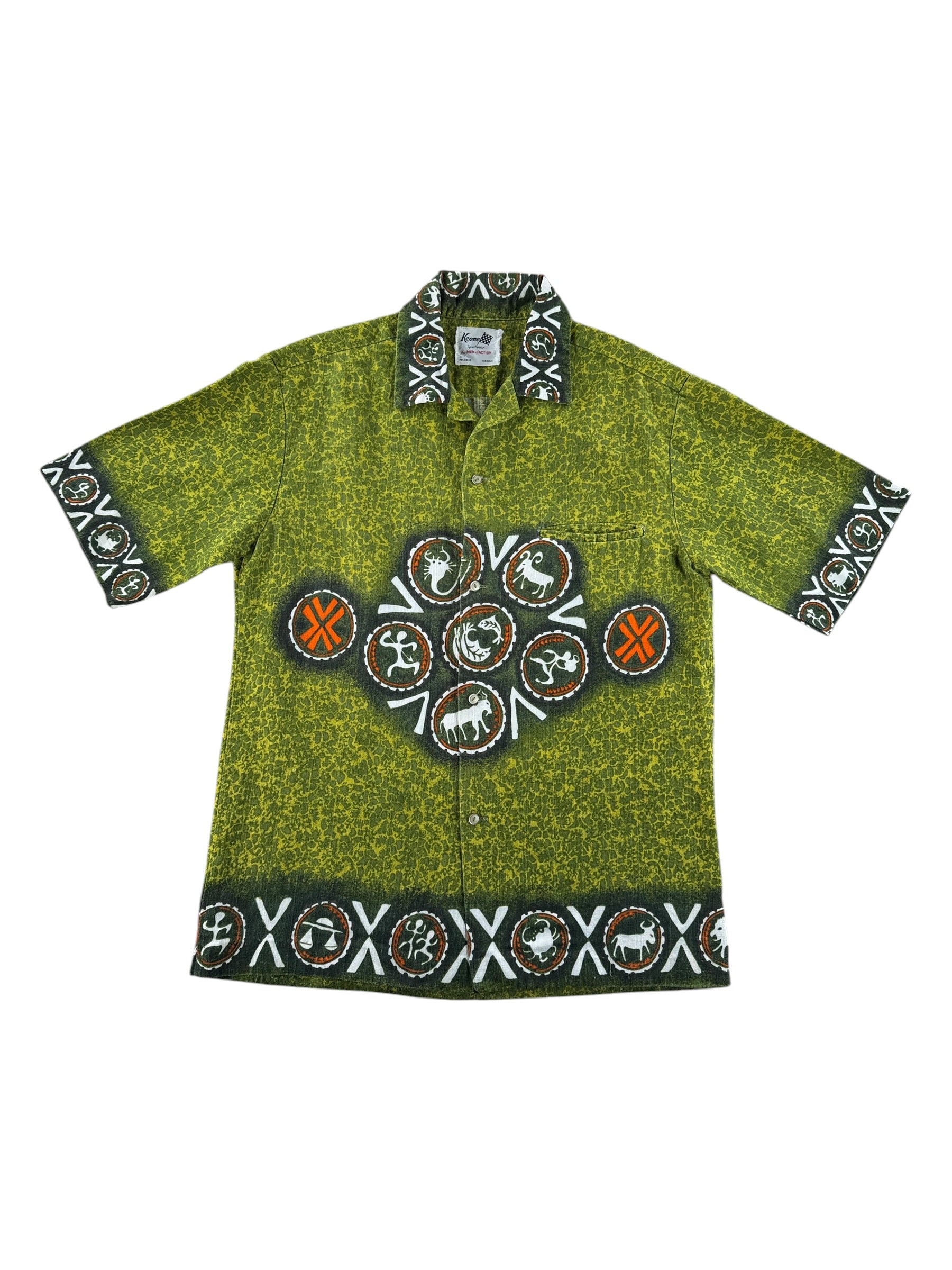 Front of Vintage Keone Sportswear Astrological Barkcloth Aloha Shirt SZ M