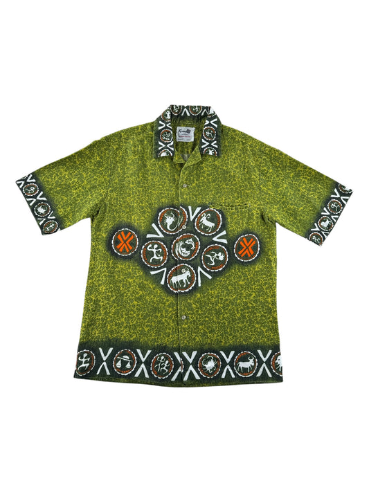 Front of Vintage Keone Sportswear Astrological Barkcloth Aloha Shirt SZ M