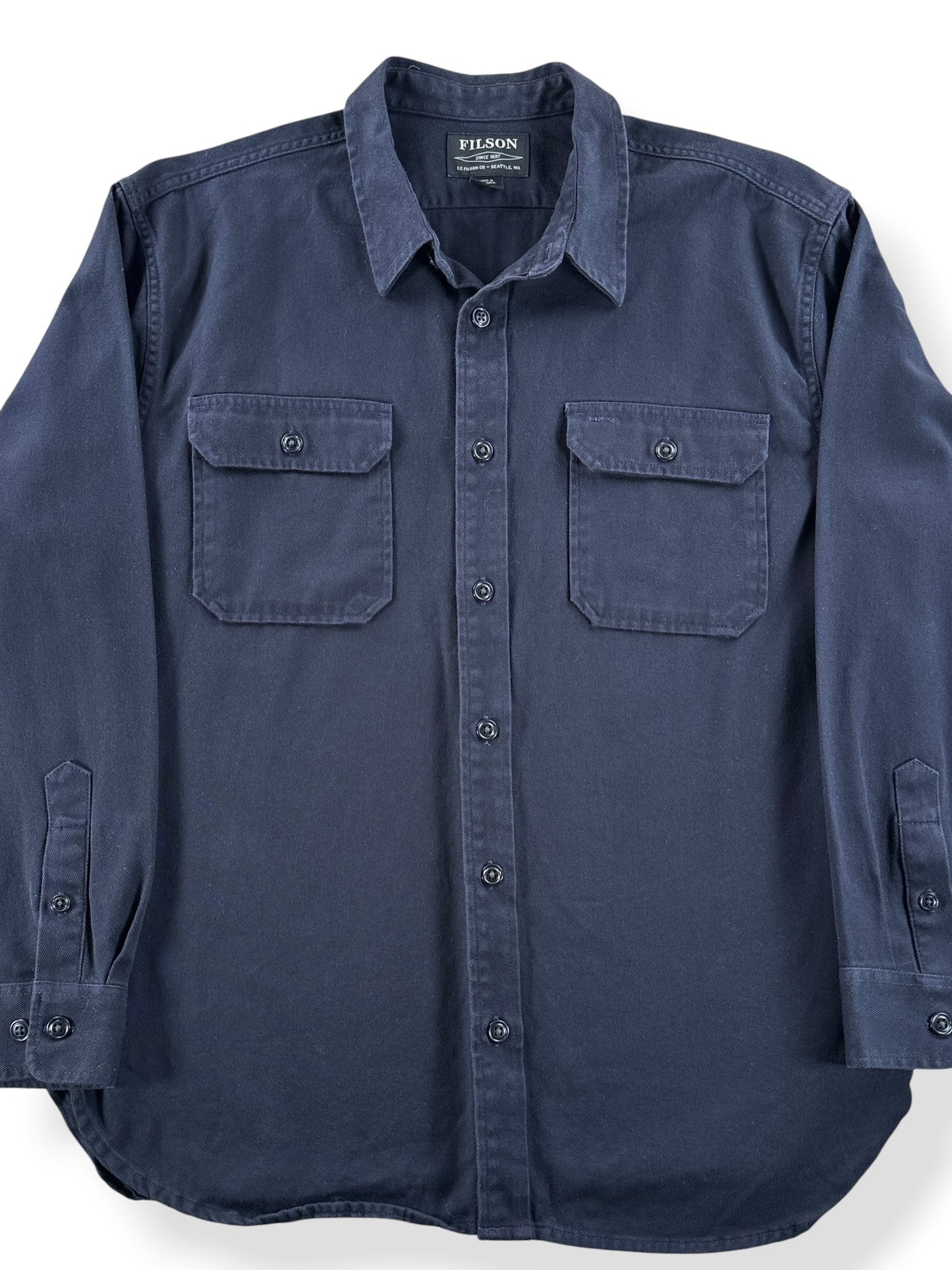 Front Close Up of Filson 6-Oz Drill Chino Shirt Storm Navy SZ XL