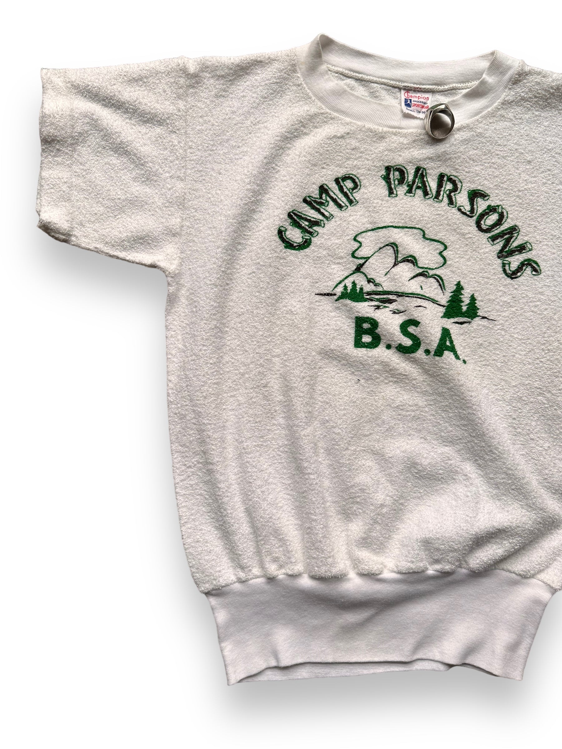Front Right View of Vintage Champion Camp Parsons BSA Camp Terry Cloth Shirt SZ SM | Vintage Boy Scout Camp Shirt | Seattle Vintage Clothing