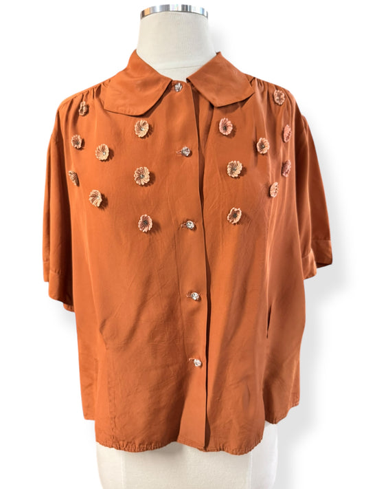 Front view of 1940s Rayon Blouse with Flowers L-XL