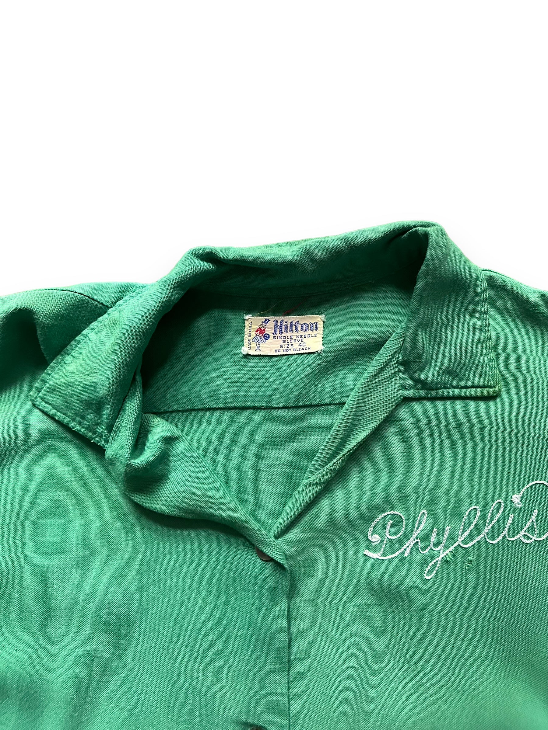 collar of Vintage Hanigans Ladies Rayon Bowling Shirt SZ 40 | Vintage Bowling Shirt Seattle | Barn Owl Vintage Seattle