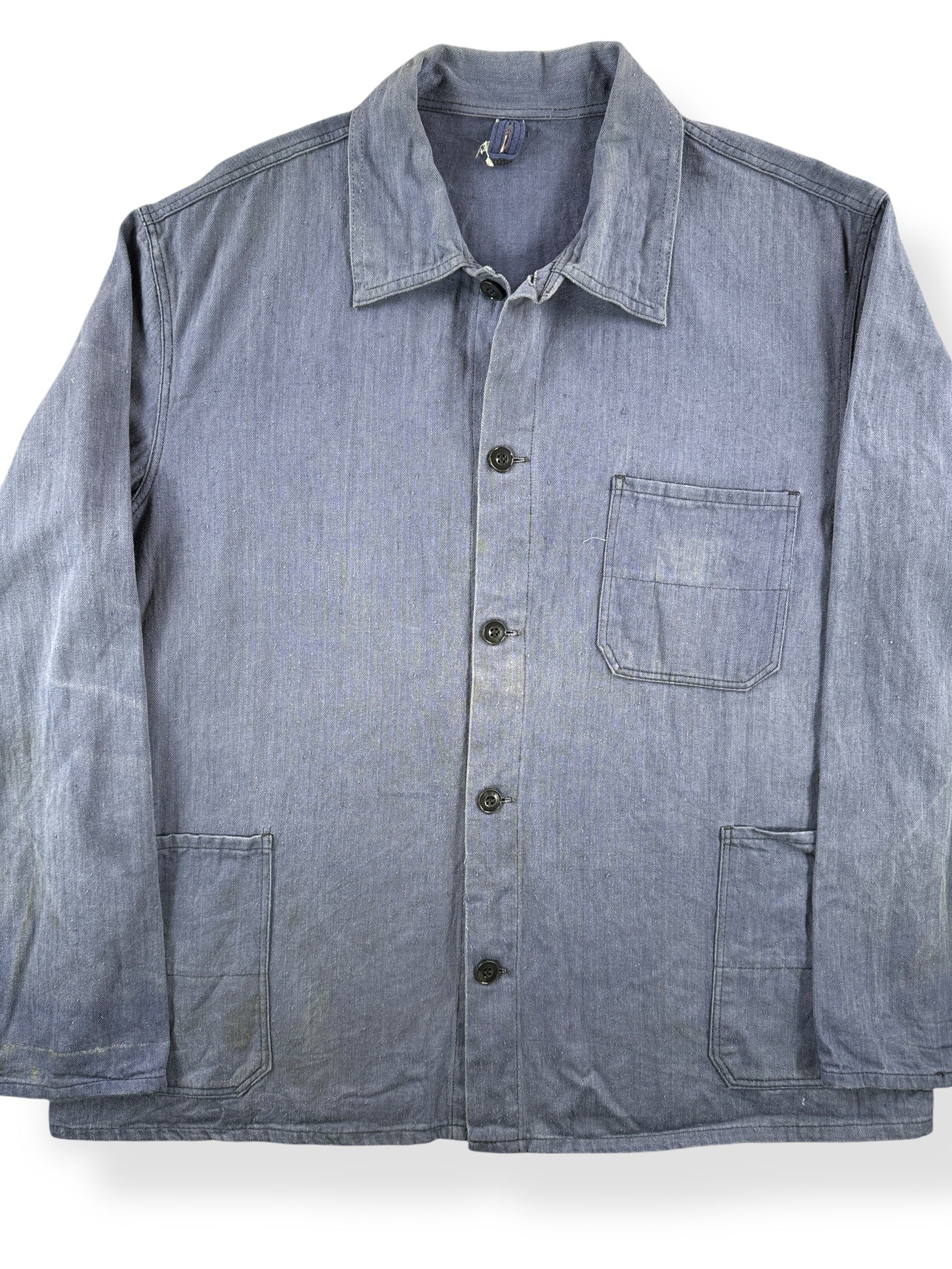 Front Close Up of Vintage Reine HBT French Chore Coat SZ XL