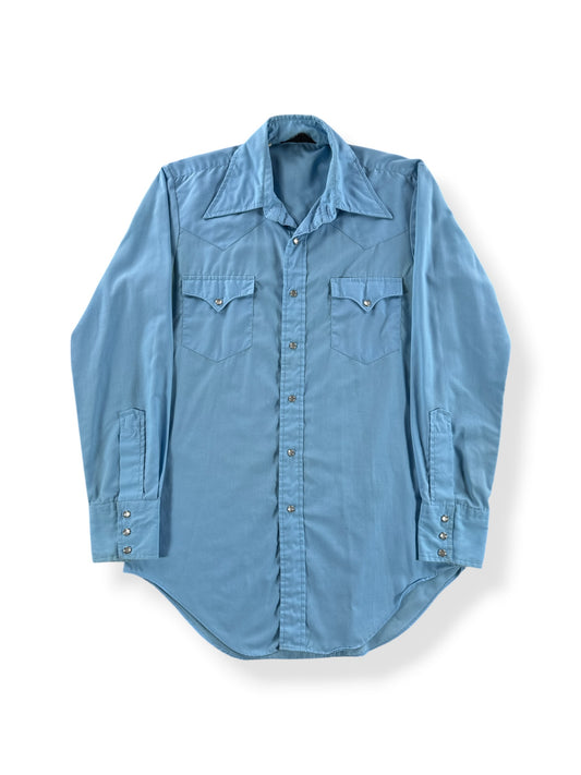 Front of Vintage Sears Cotton/Poly Light Blue Pearlsnap SZ S