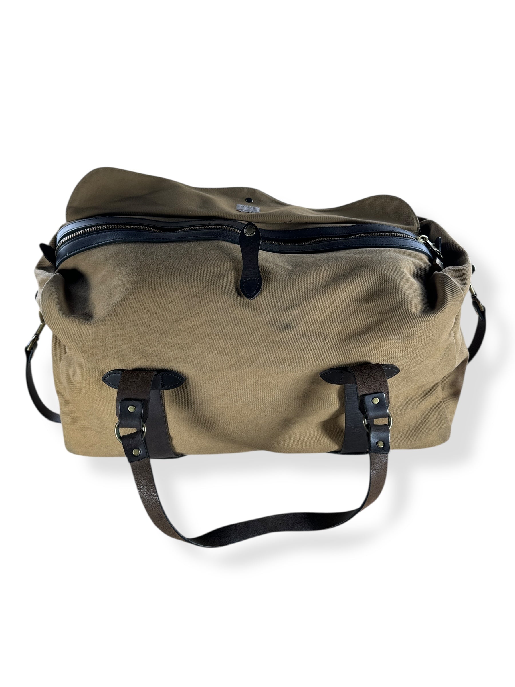 Wind Flap View of Vintage Filson Talon Era Rugged Twill Medium Duffle