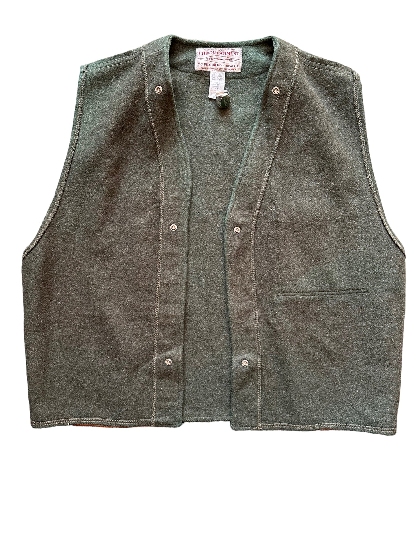 Front View of Vintage Filson Green Wool Snap In Liner SZ 44 |  Vintage Filson Workwear Seattle | Barn Owl Vintage